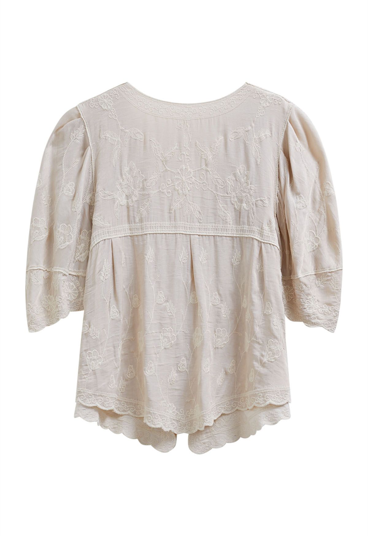 Lace Up Floral Embroidery Cotton Top in Linen