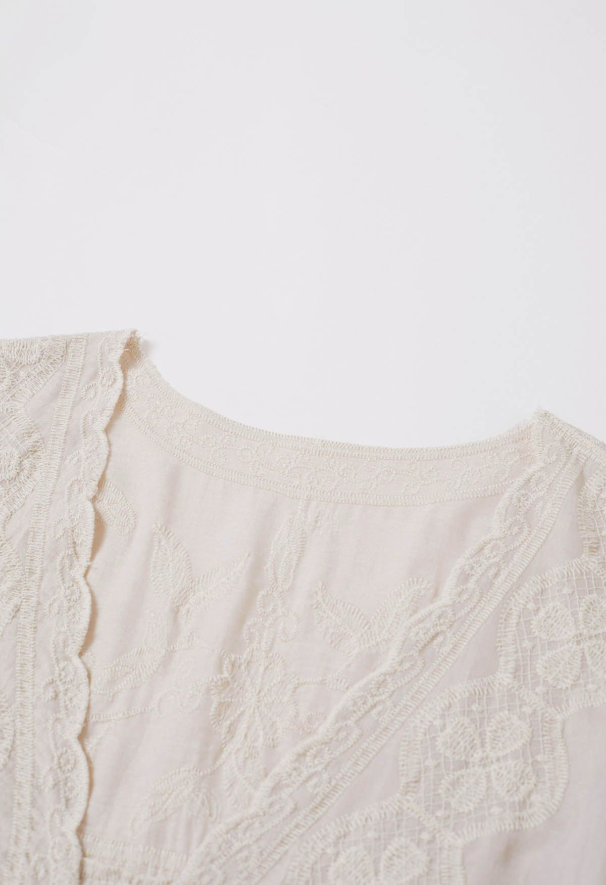 Lace Up Floral Embroidery Cotton Top in Linen