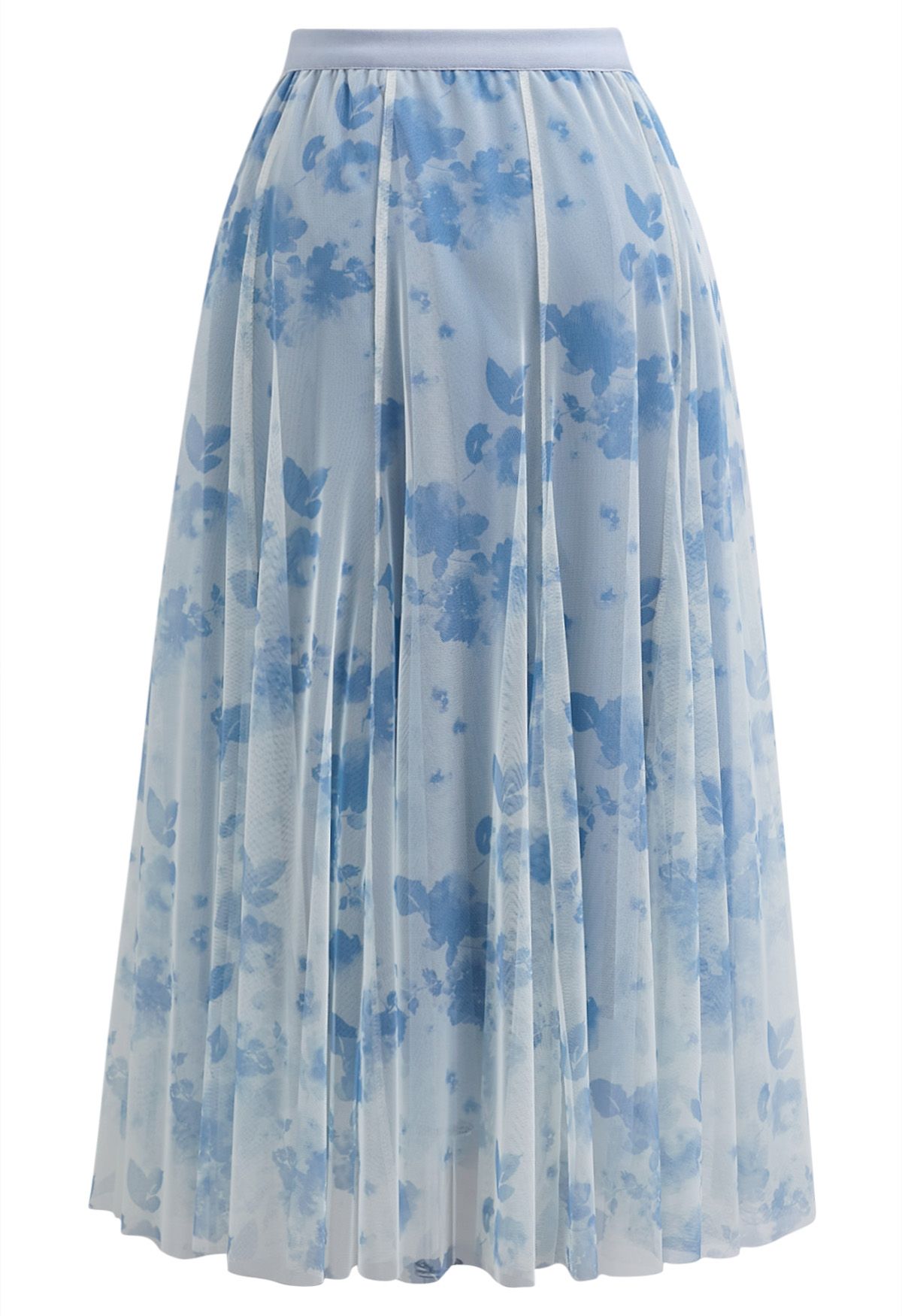 Watercolor Floral Printed Mesh Tulle Midi Skirt in Blue