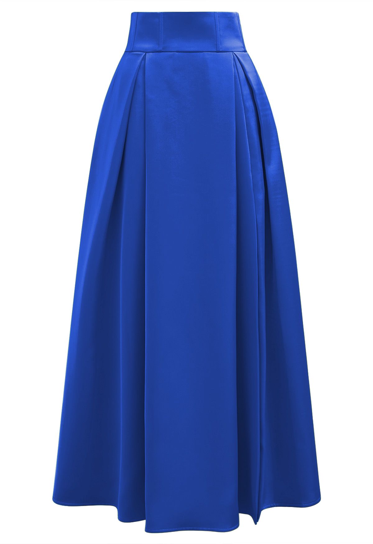 High-Slit Seamed Waist Pleated Satin Maxi Skirt in Indigo