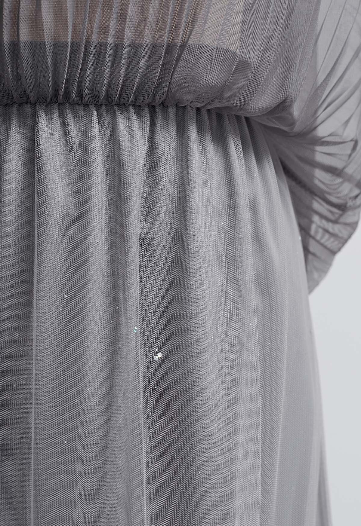 Rock aus plissiertem Mesh-Tüll mit Glitzerbesatz in Grau