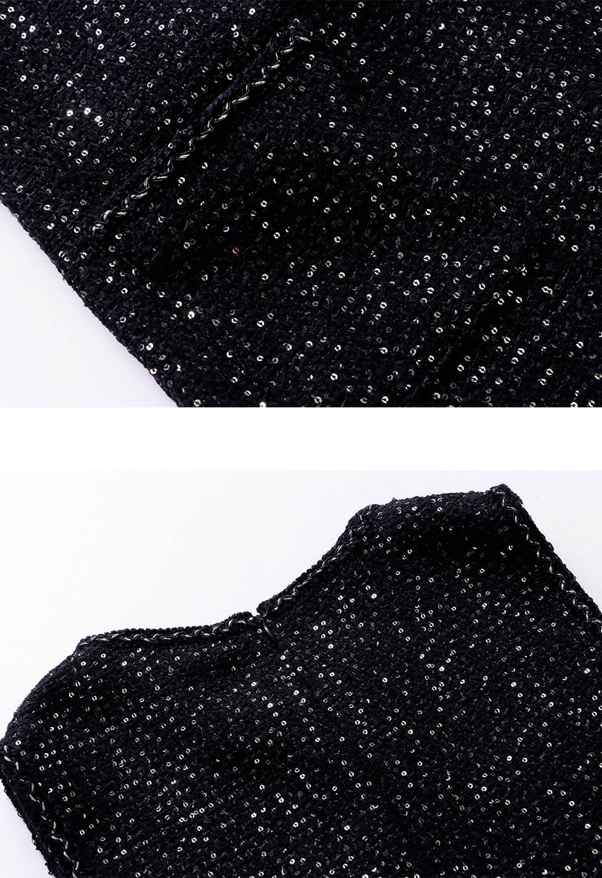 Ärmelloses Tweedkleid mit Paillettenstickerei in Schwarz