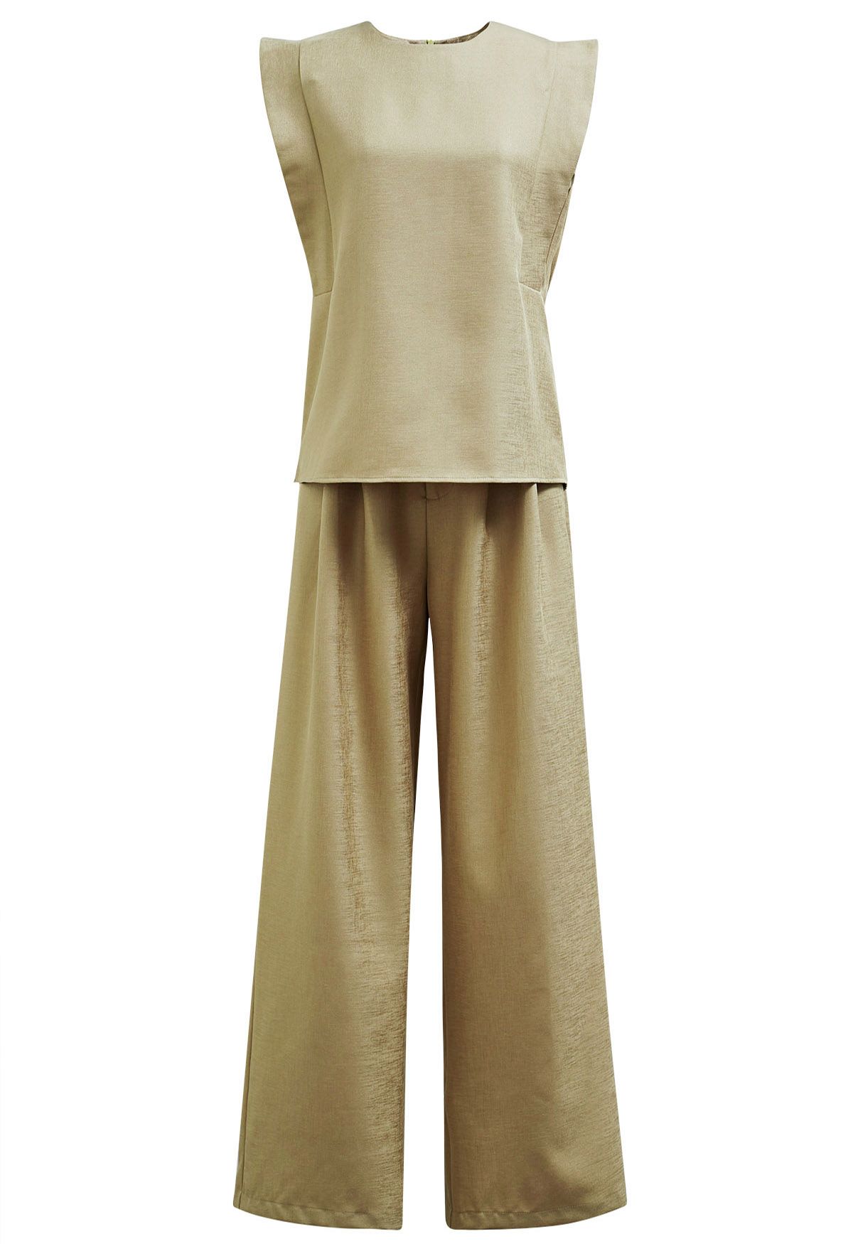 Schickes Set aus ärmellosem Oberteil und fließender Hose mit weitem Bein in Khaki