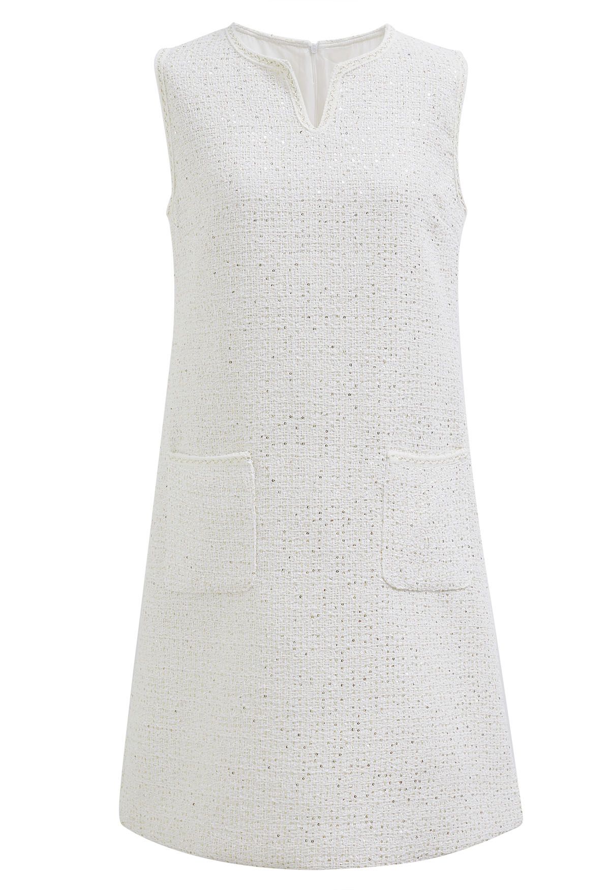Ärmelloses Tweedkleid mit Paillettenstickerei in Weiß