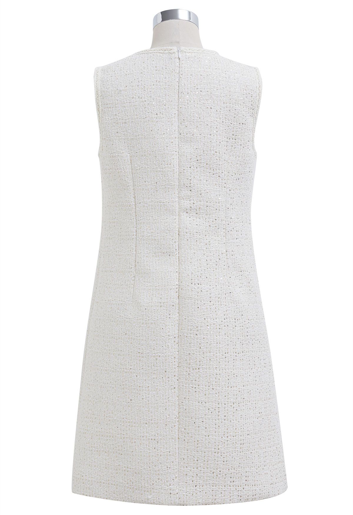 Ärmelloses Tweedkleid mit Paillettenstickerei in Weiß