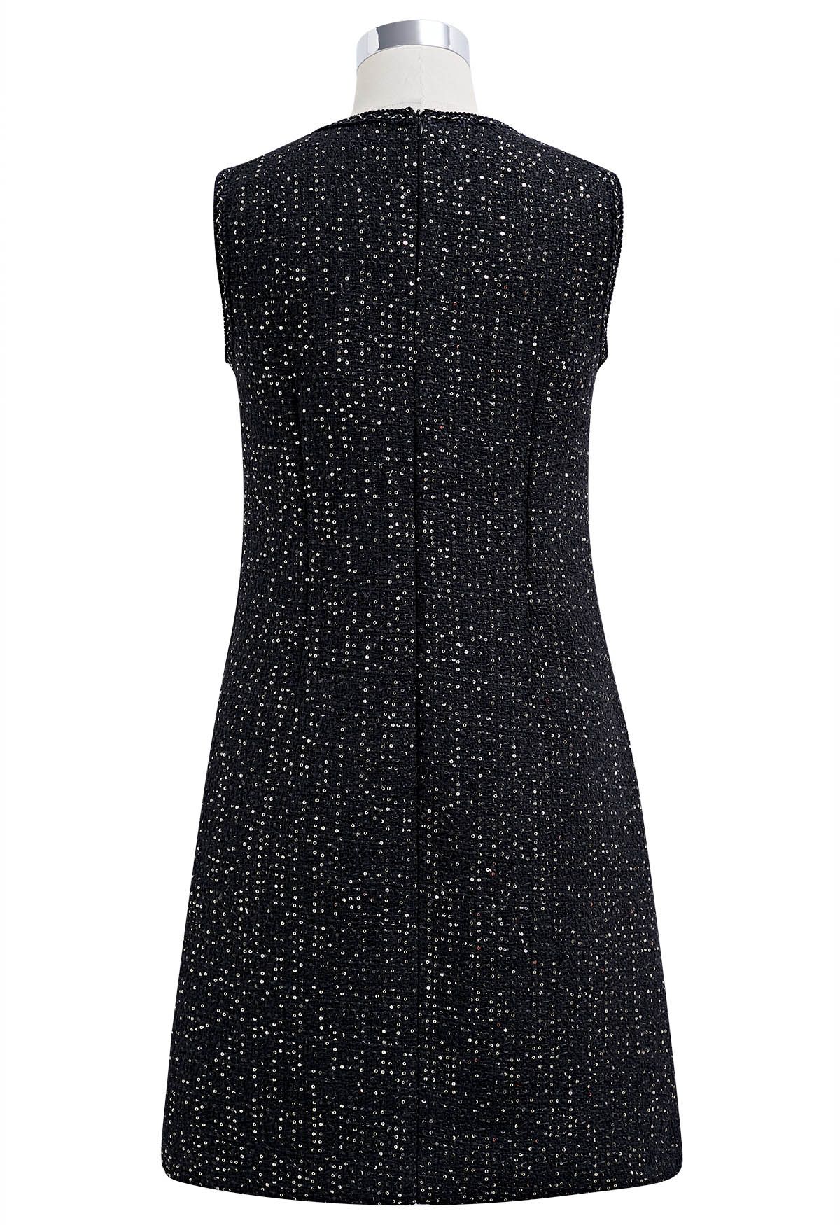 Ärmelloses Tweedkleid mit Paillettenstickerei in Schwarz