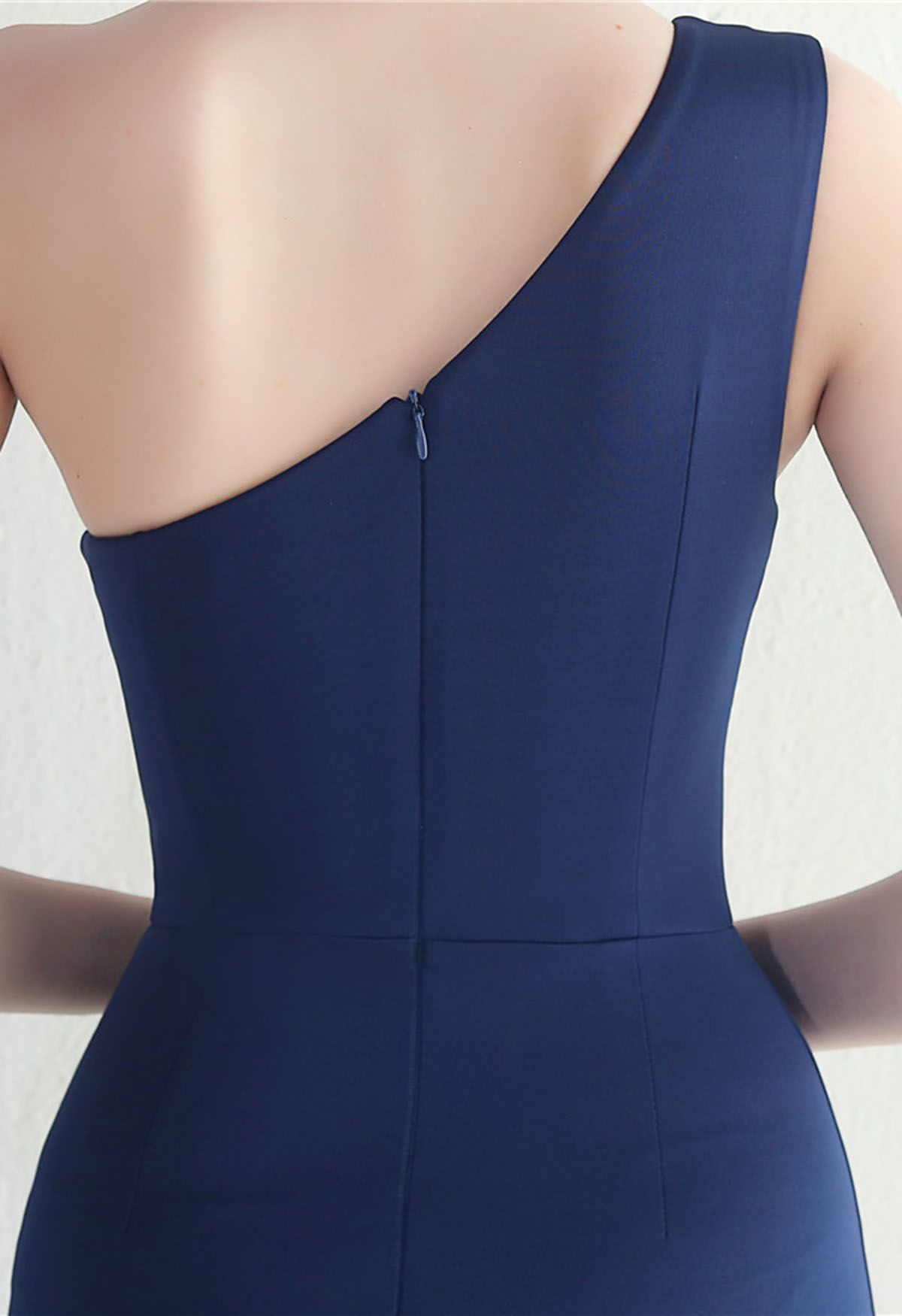 One-Shoulder-Mesh-Panel-Rüschen-Split-Kleid in Marineblau
