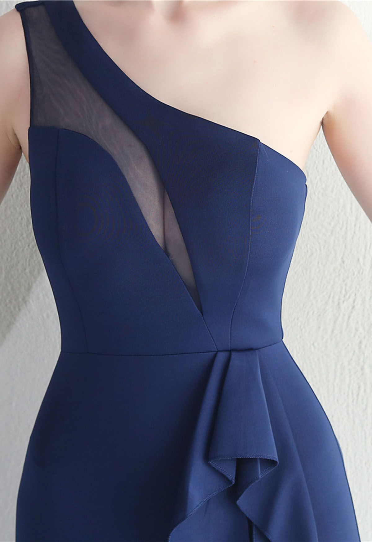 One-Shoulder-Mesh-Panel-Rüschen-Split-Kleid in Marineblau