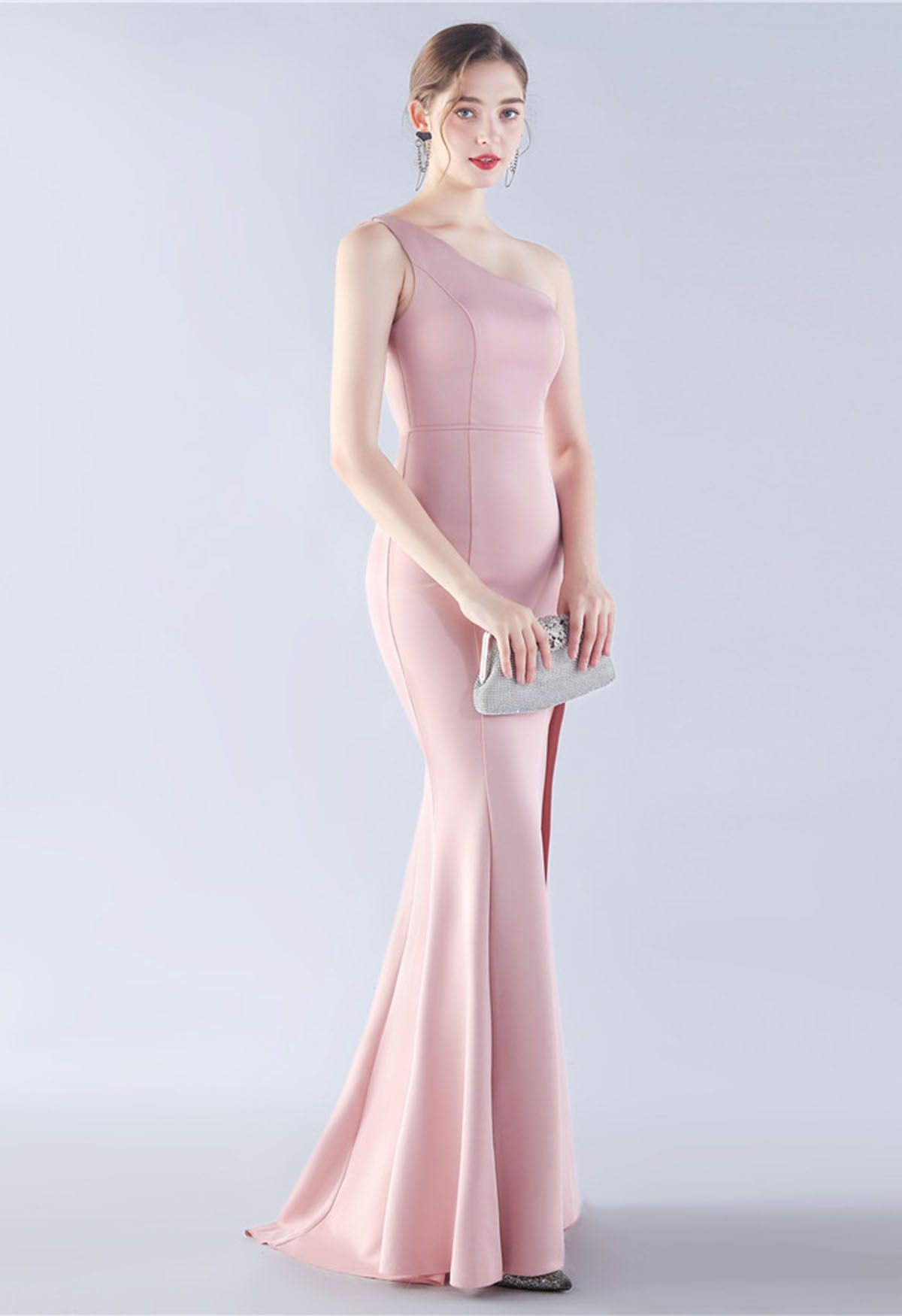Satiniertes One-Shoulder-Meerjungfrauenkleid mit Schlitz in Rosa