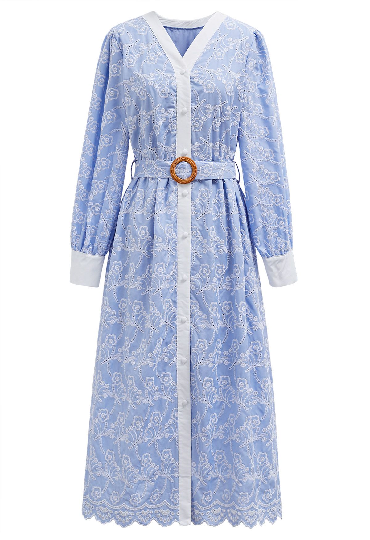 „Dancing Floret“ besticktes Button-Down-Kleid in Babyblau