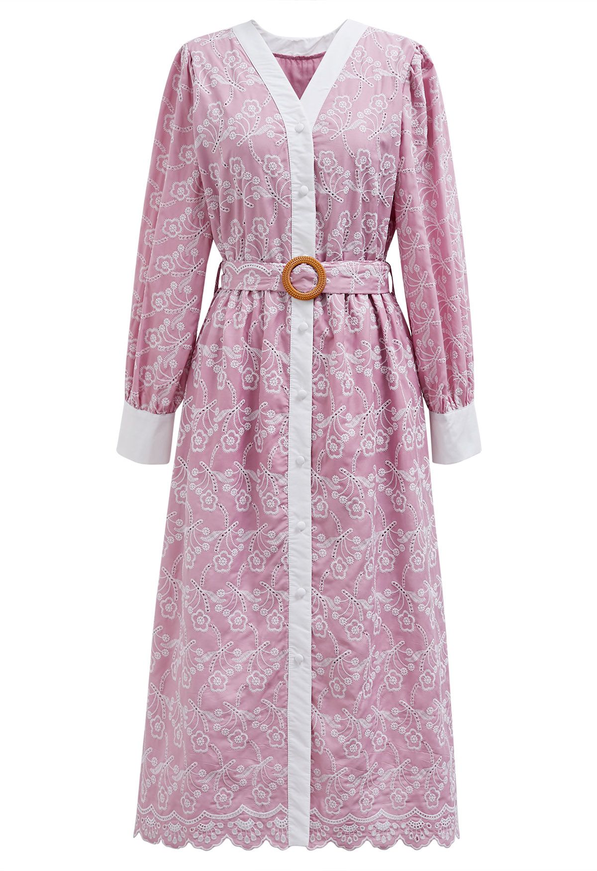 Dancing Floret besticktes Button-Down-Kleid in Rosa