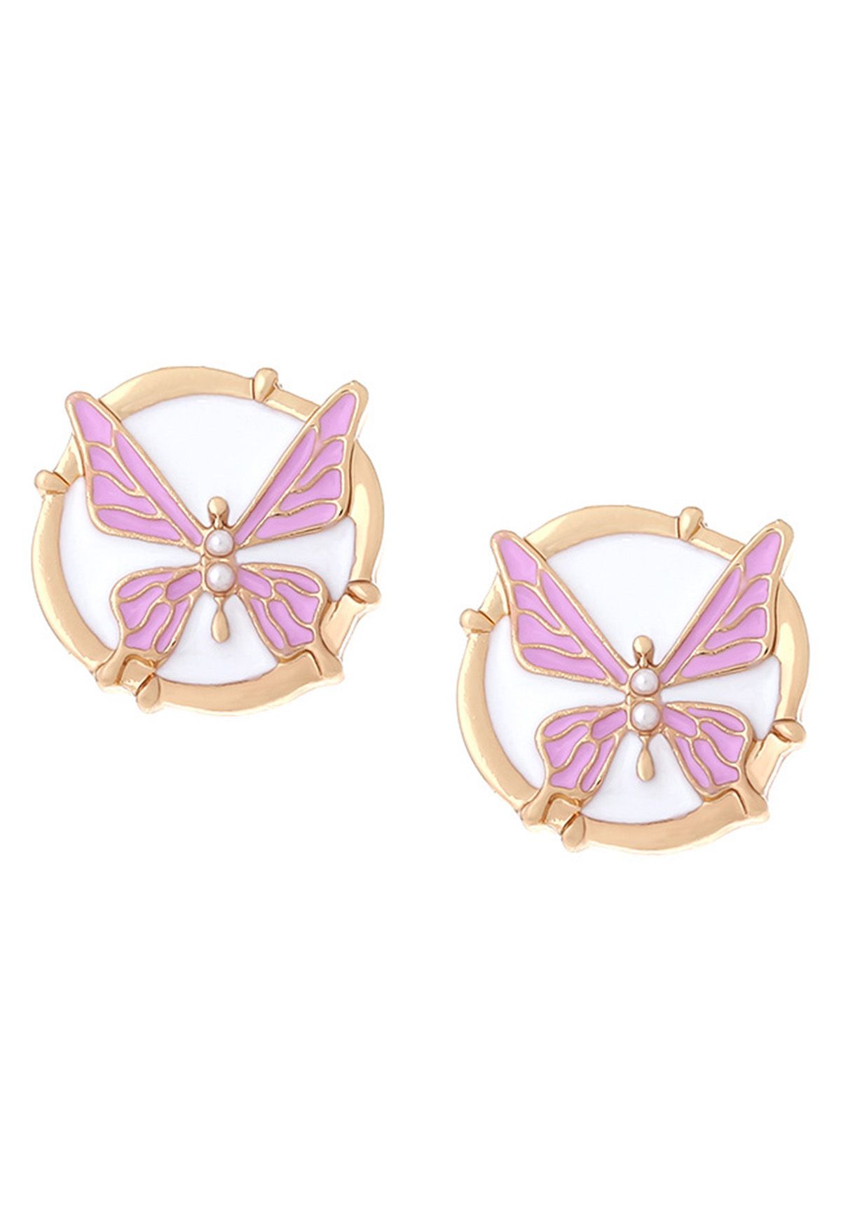 Metall-Schmetterlings-Ohrringe, aus denen Öl ausläuft, in Flieder