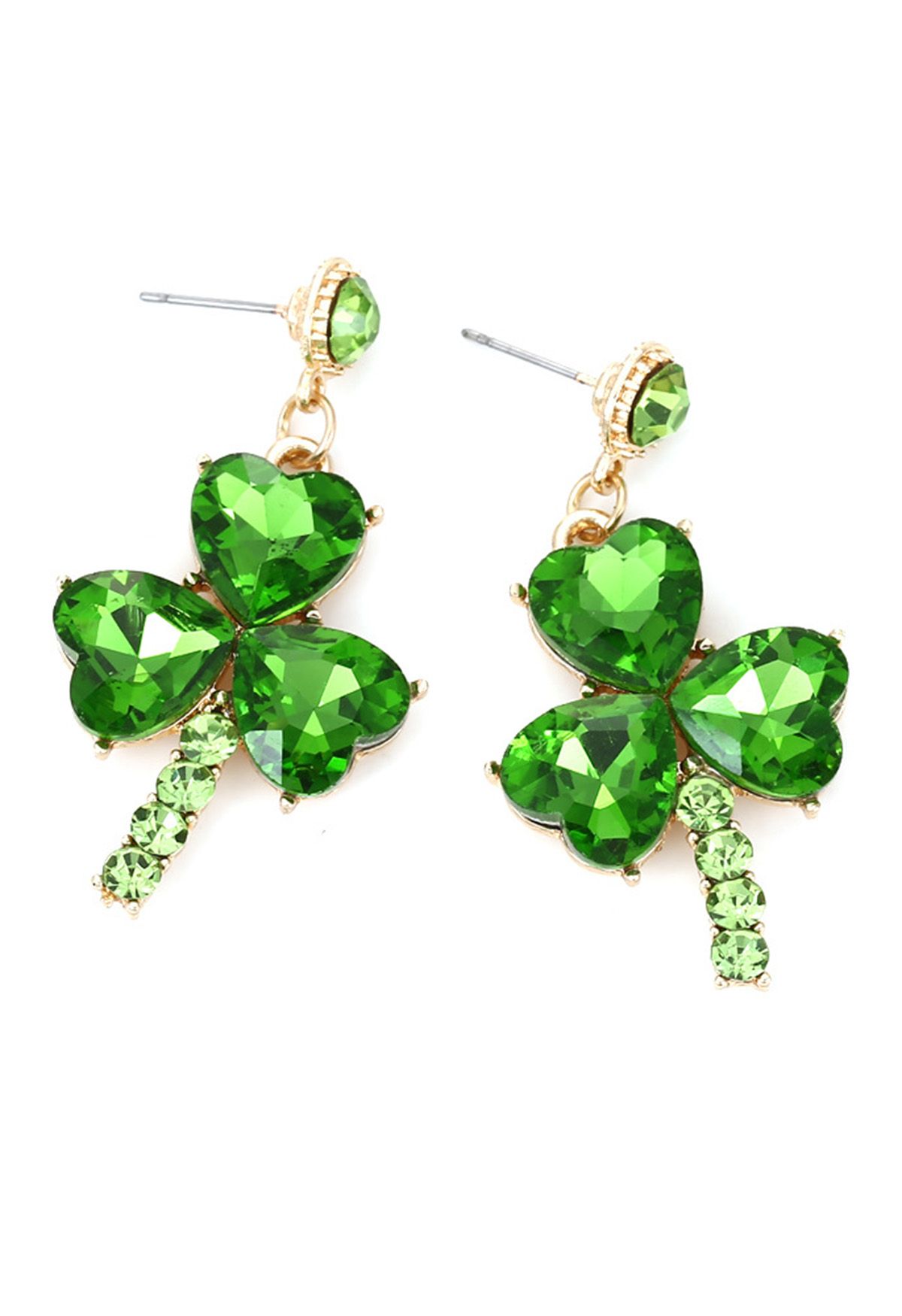 Grüne Kleeblatt-Ohrringe mit Strasssteinen