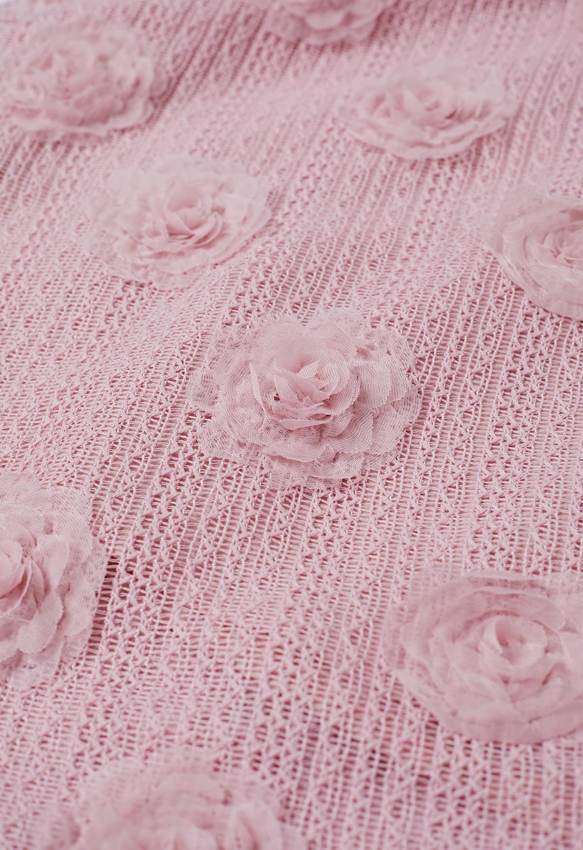 3D-Rosen-Midirock aus durchbrochener Baumwolle in Rosa