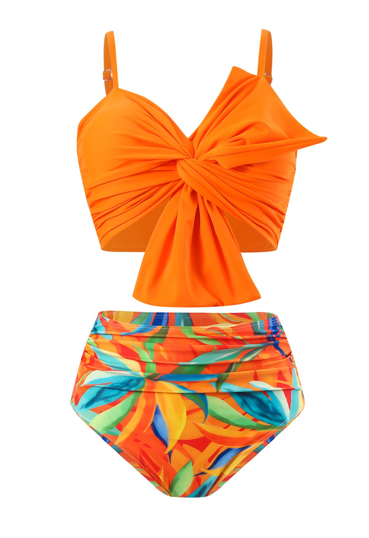 Gerafftes Bikini-Set mit Knoten vorne und orangefarbenem Aufdruck