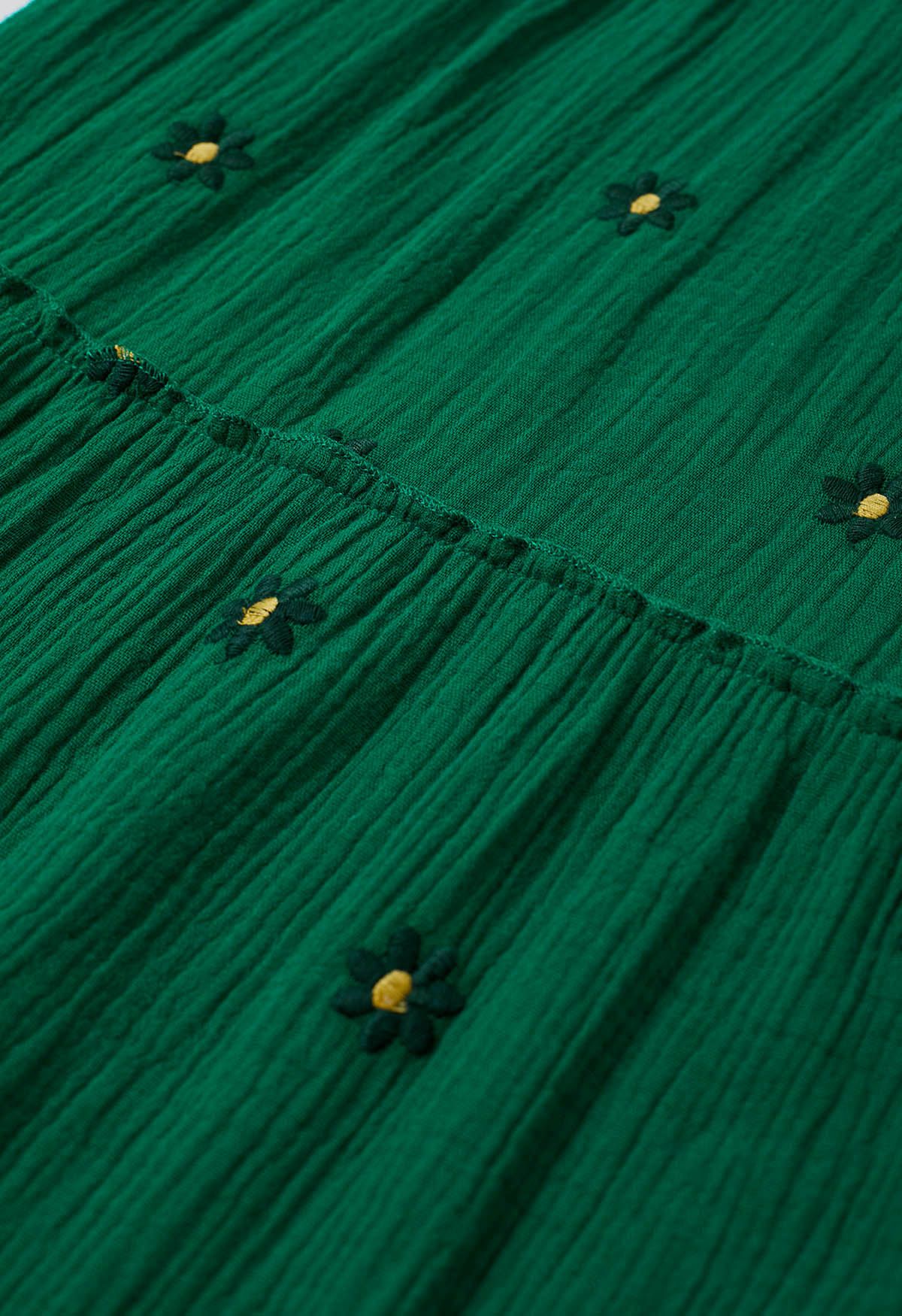 Midikleid mit eckigem Ausschnitt und Floret-Stickerei in Grün