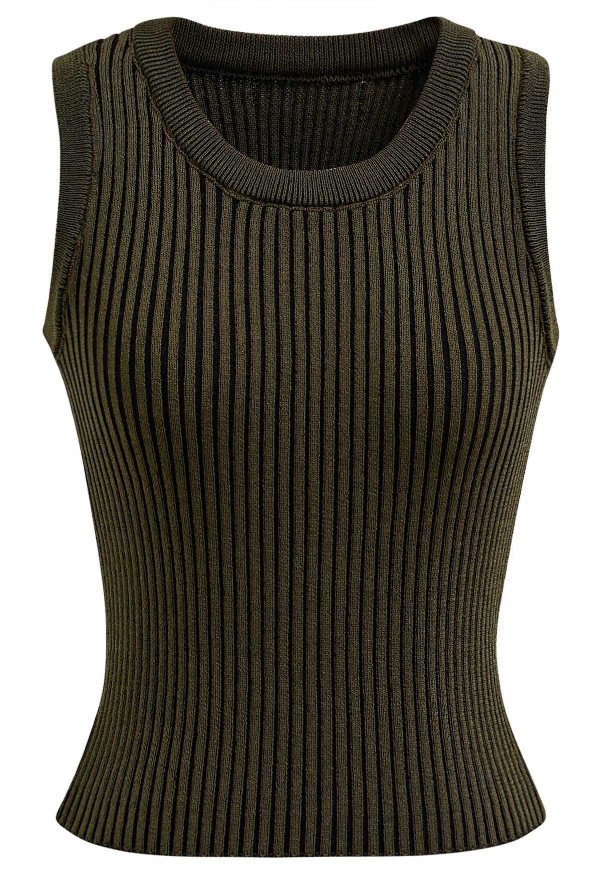 Strick-Tanktop mit Streifenstruktur in Armeegrün