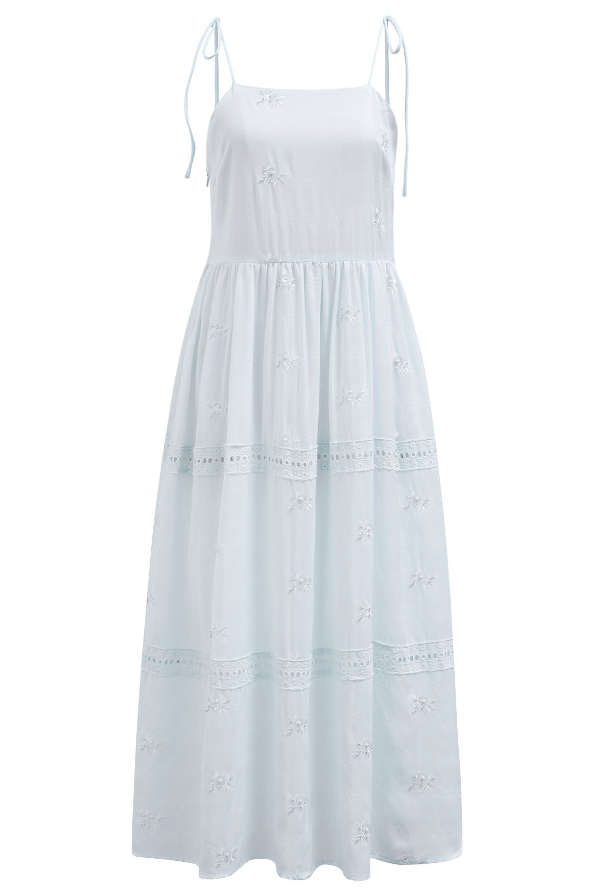 Camisole-Kleid mit Paillettenstickerei und Bindegürtel an den Schultern in Babyblau