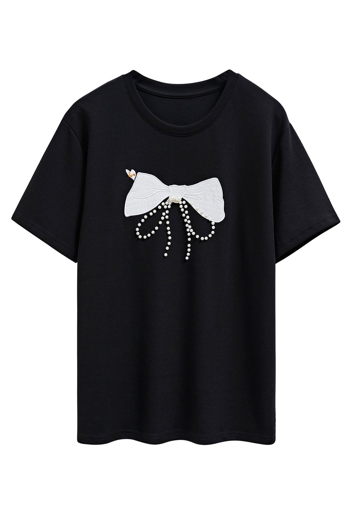 Schwarzes T-Shirt mit Schleifenmuster und Perlenverzierung