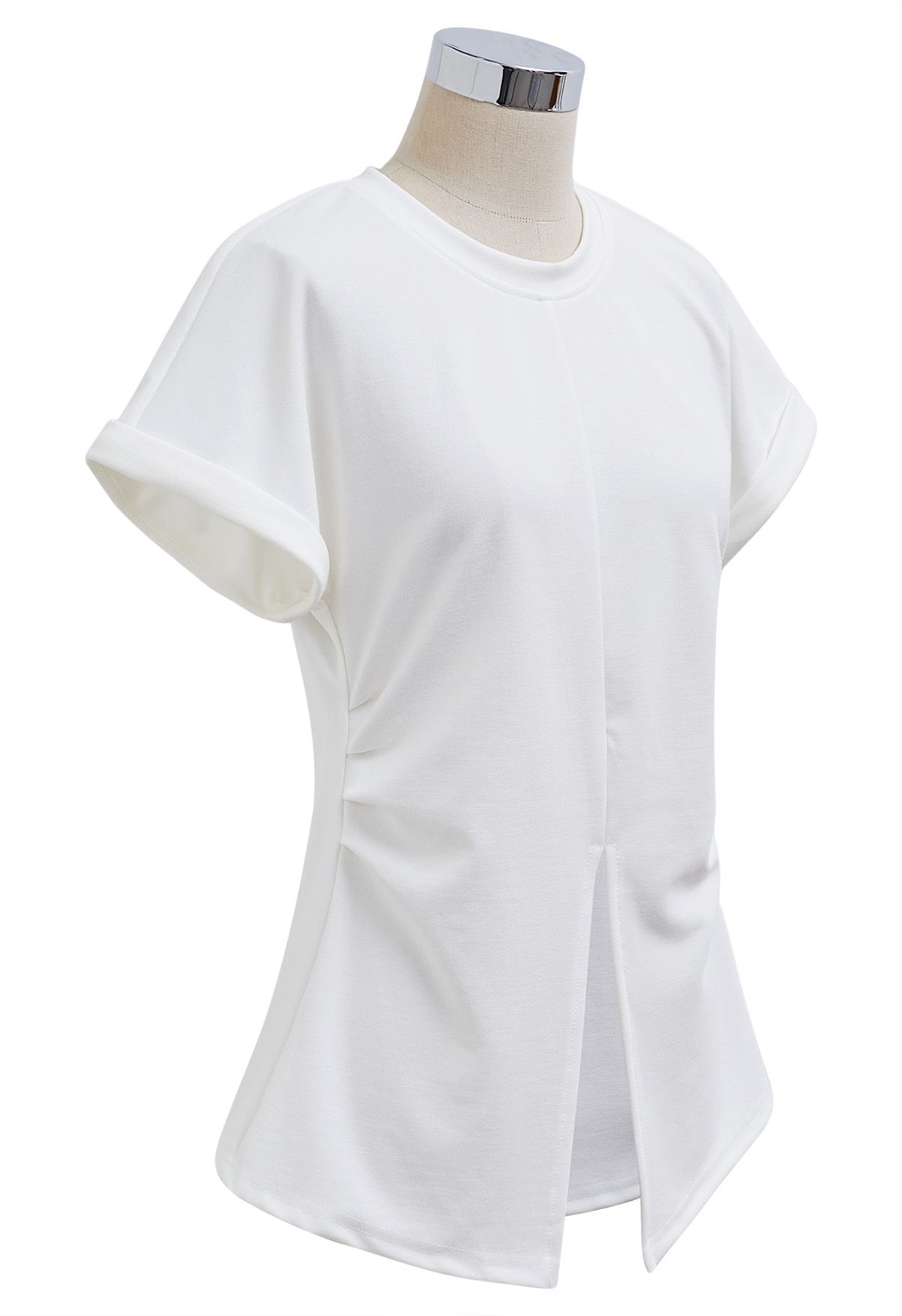 T-Shirt mit gerüschtem, geschlitztem Saum in Weiß