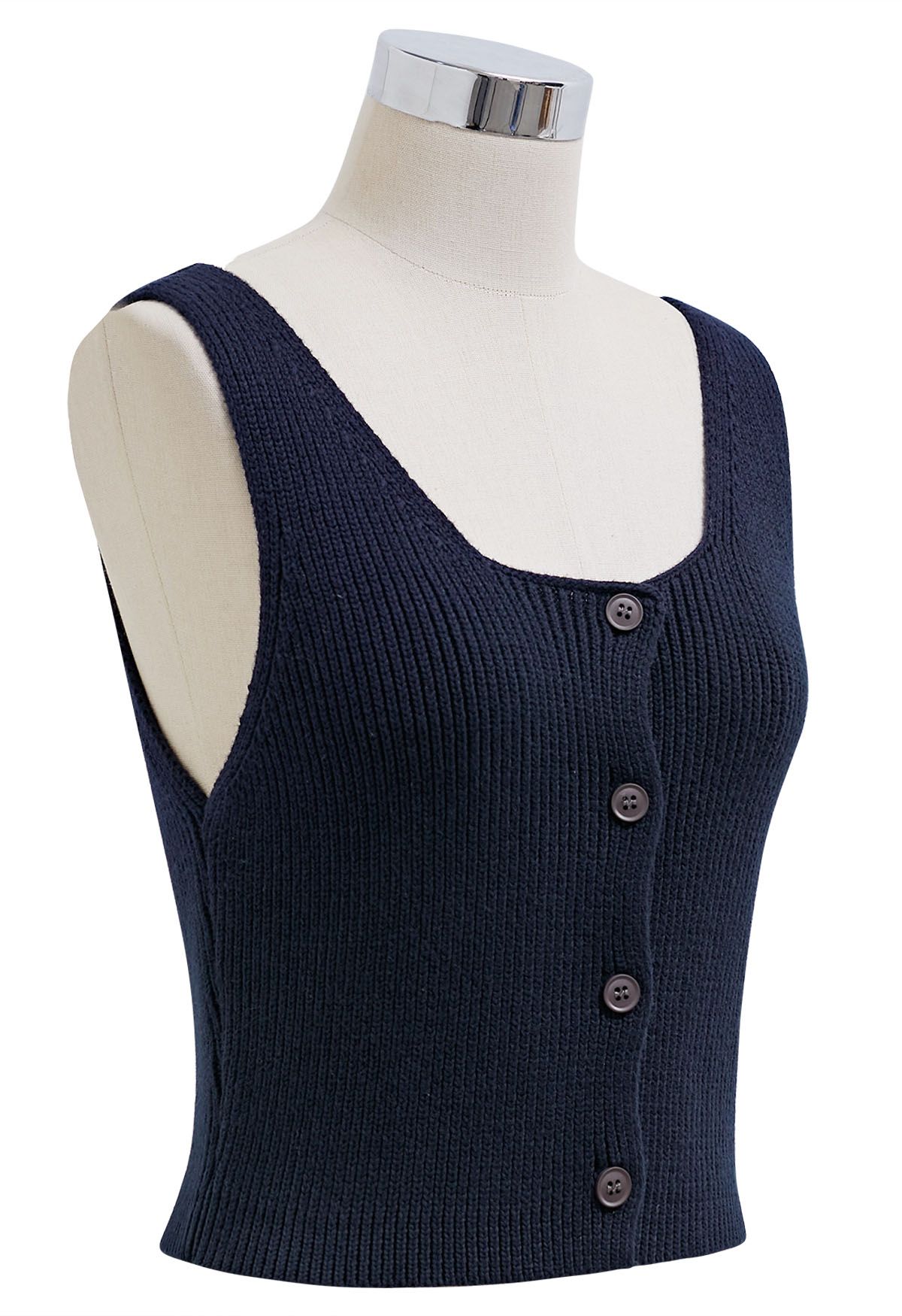 Ärmelloses Strick-Crop-Top mit Knopfleiste in Marineblau