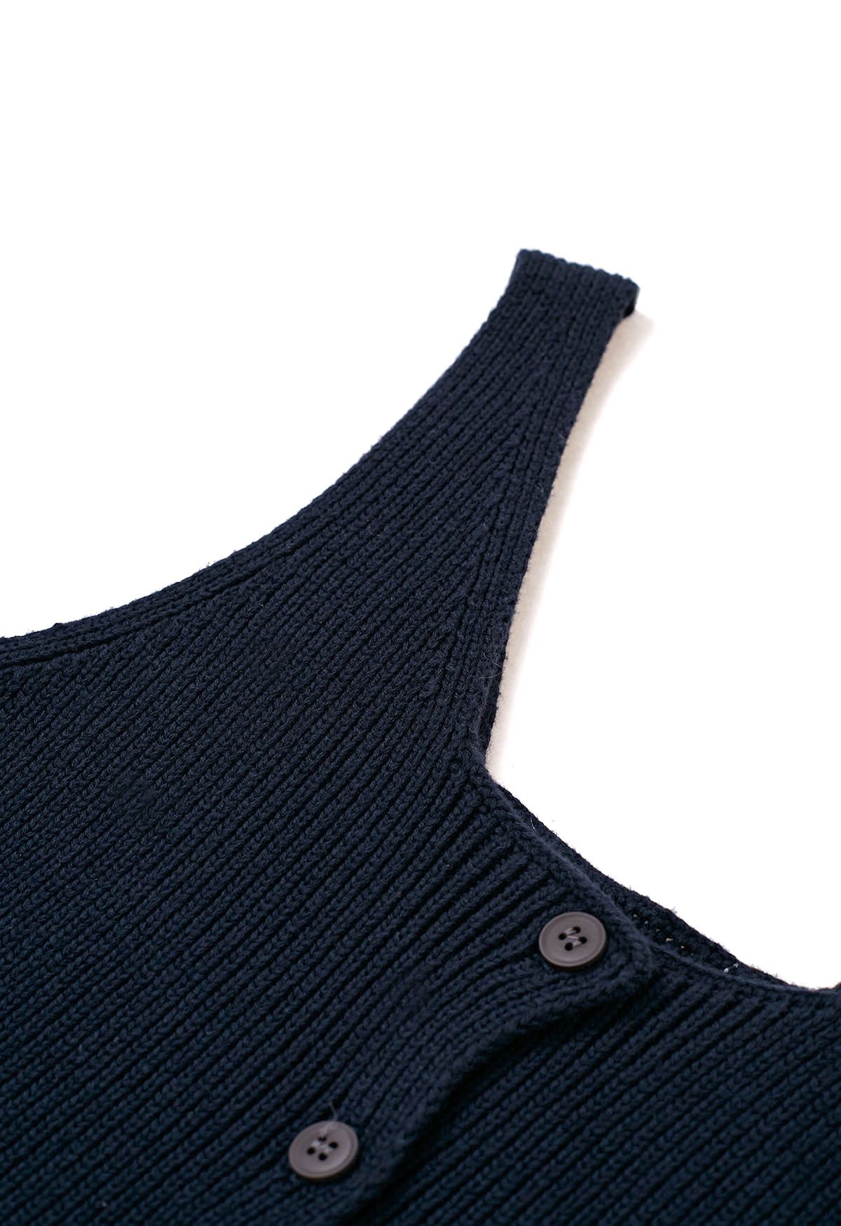 Ärmelloses Strick-Crop-Top mit Knopfleiste in Marineblau