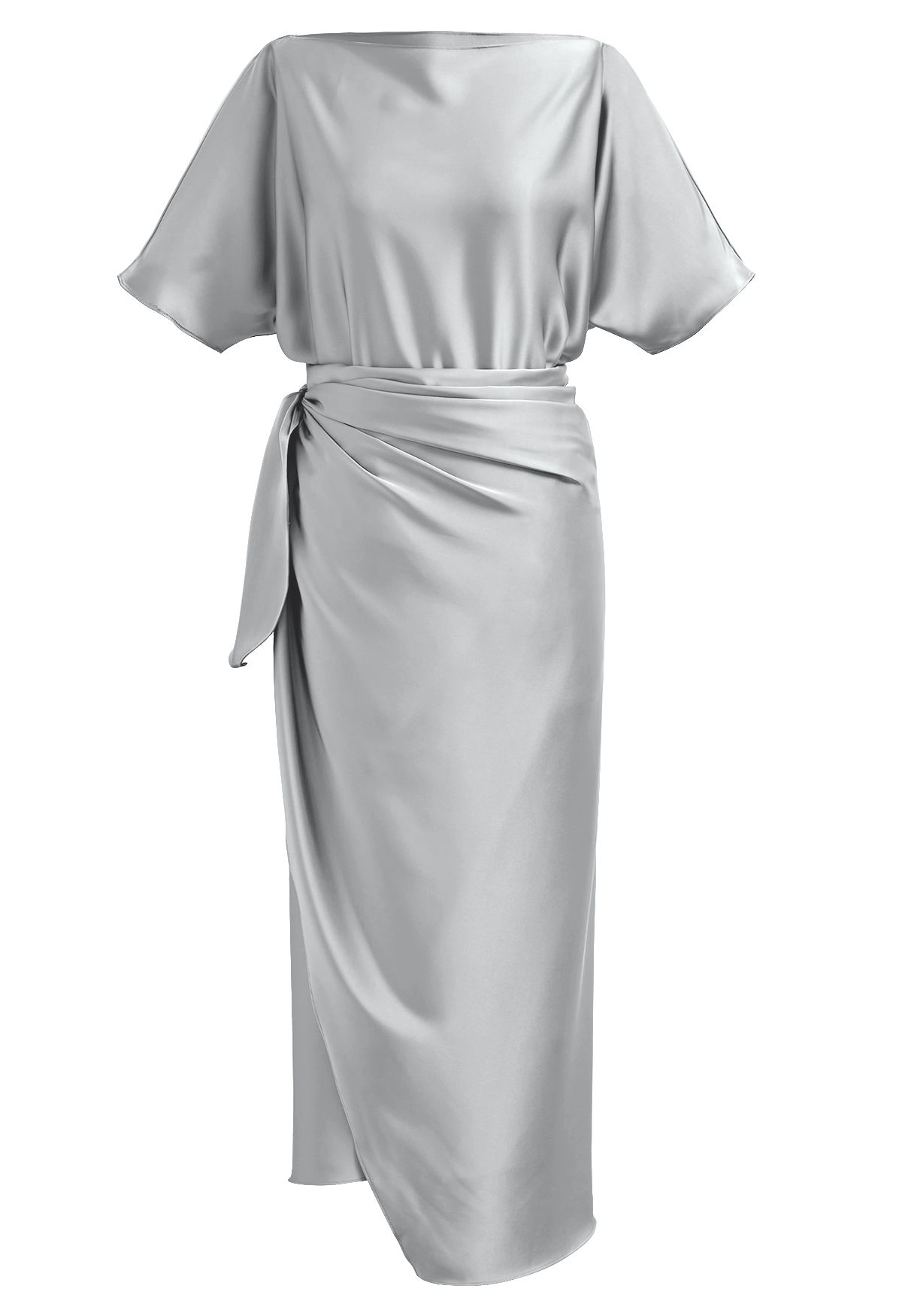 Kurzärmliges Maxikleid aus Satin mit gewickelter Taille in Grau