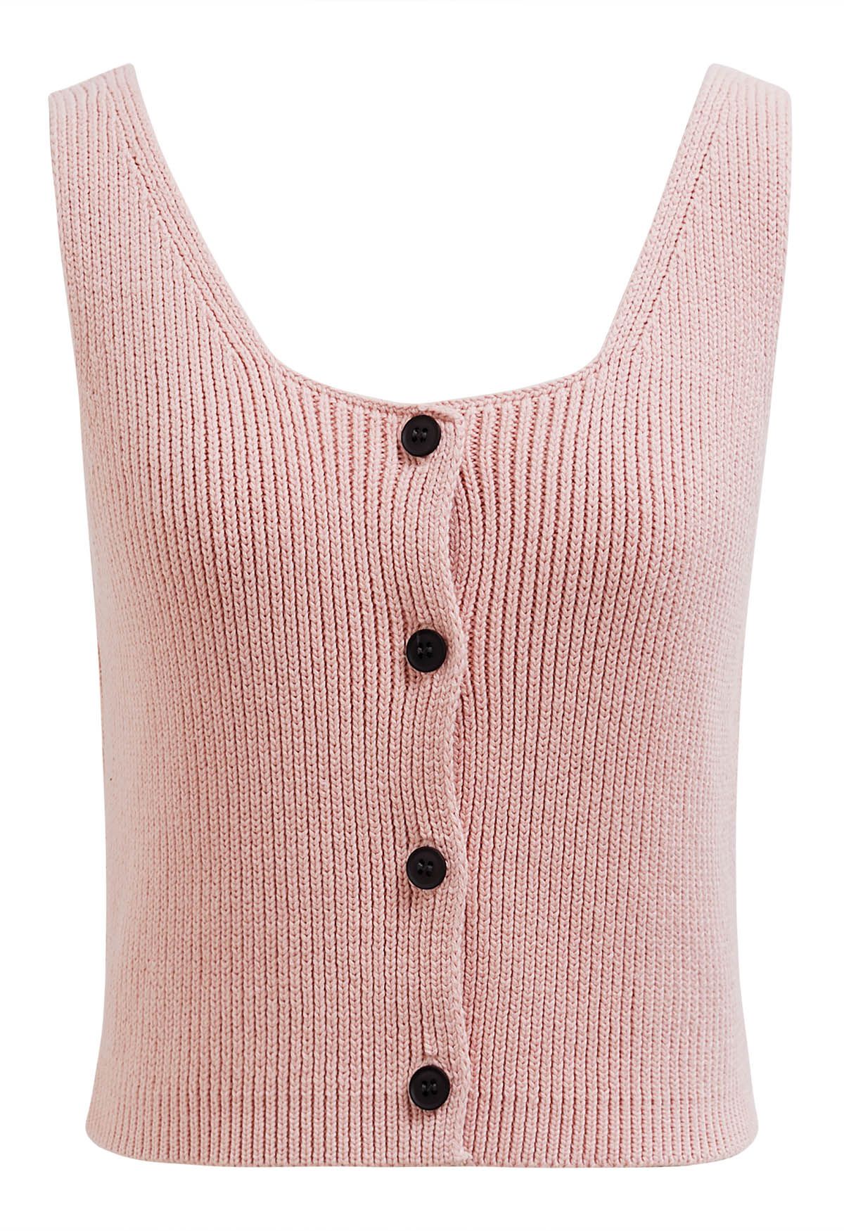 Ärmelloses Strick-Crop-Top mit Knopfleiste in Rosa