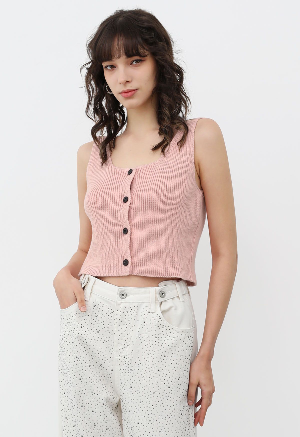 Ärmelloses Strick-Crop-Top mit Knopfleiste in Rosa