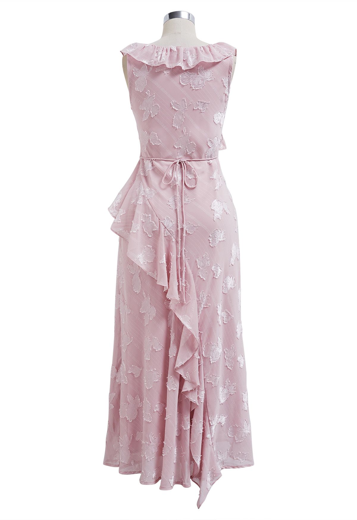 Burnout Rose – Midikleid mit V-Ausschnitt und Rüschenrand in Rosa