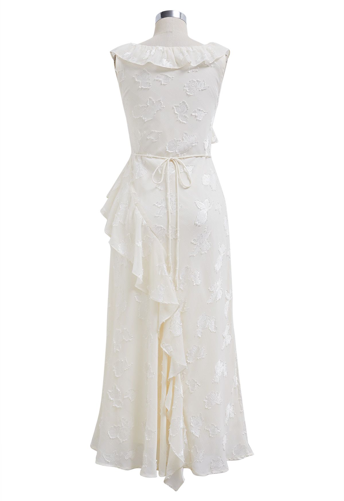 Burnout Rose – Midikleid mit V-Ausschnitt und Rüschenrand in Creme