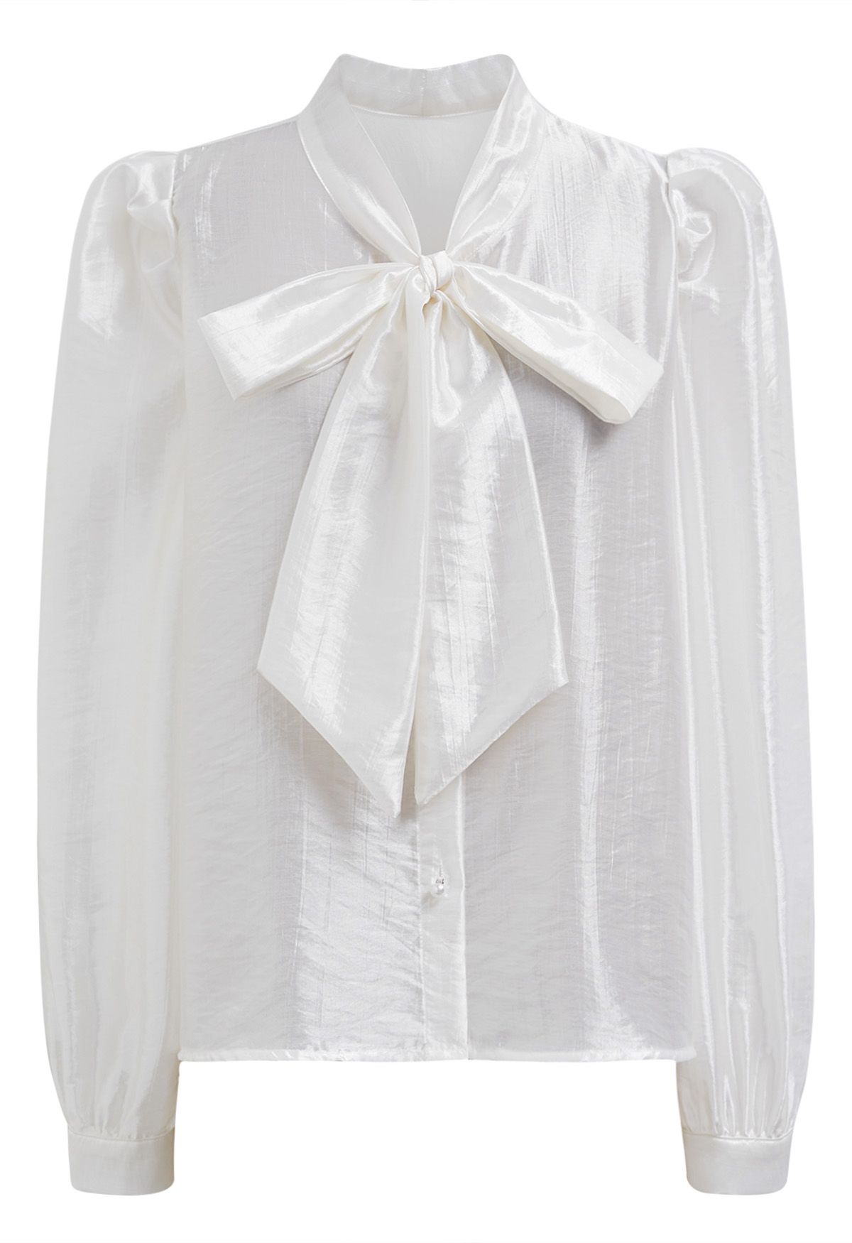 Strukturiertes Satin-Hemd mit Schleife zum Selbstbinden in Weiß