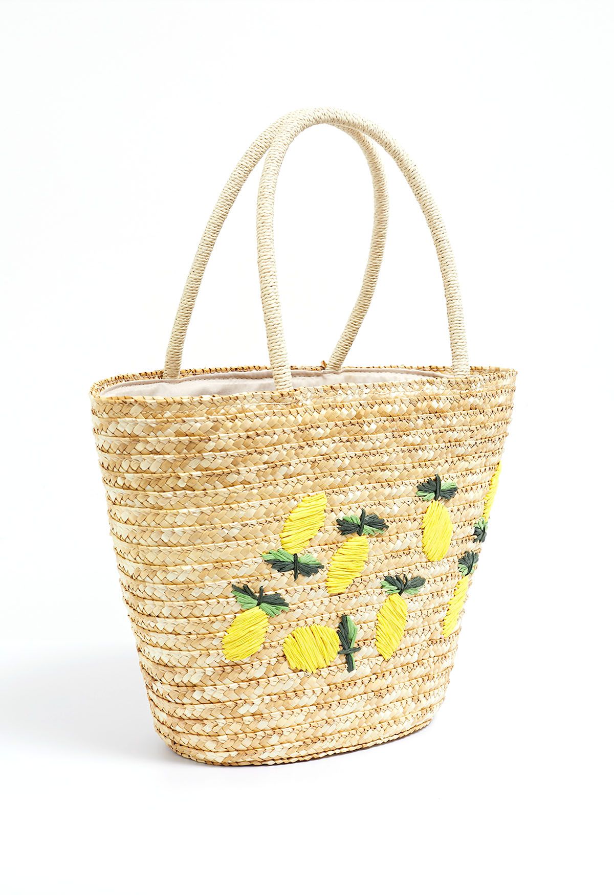 Handgemachte Strandtasche aus gewebtem Stroh mit Zitronenmuster