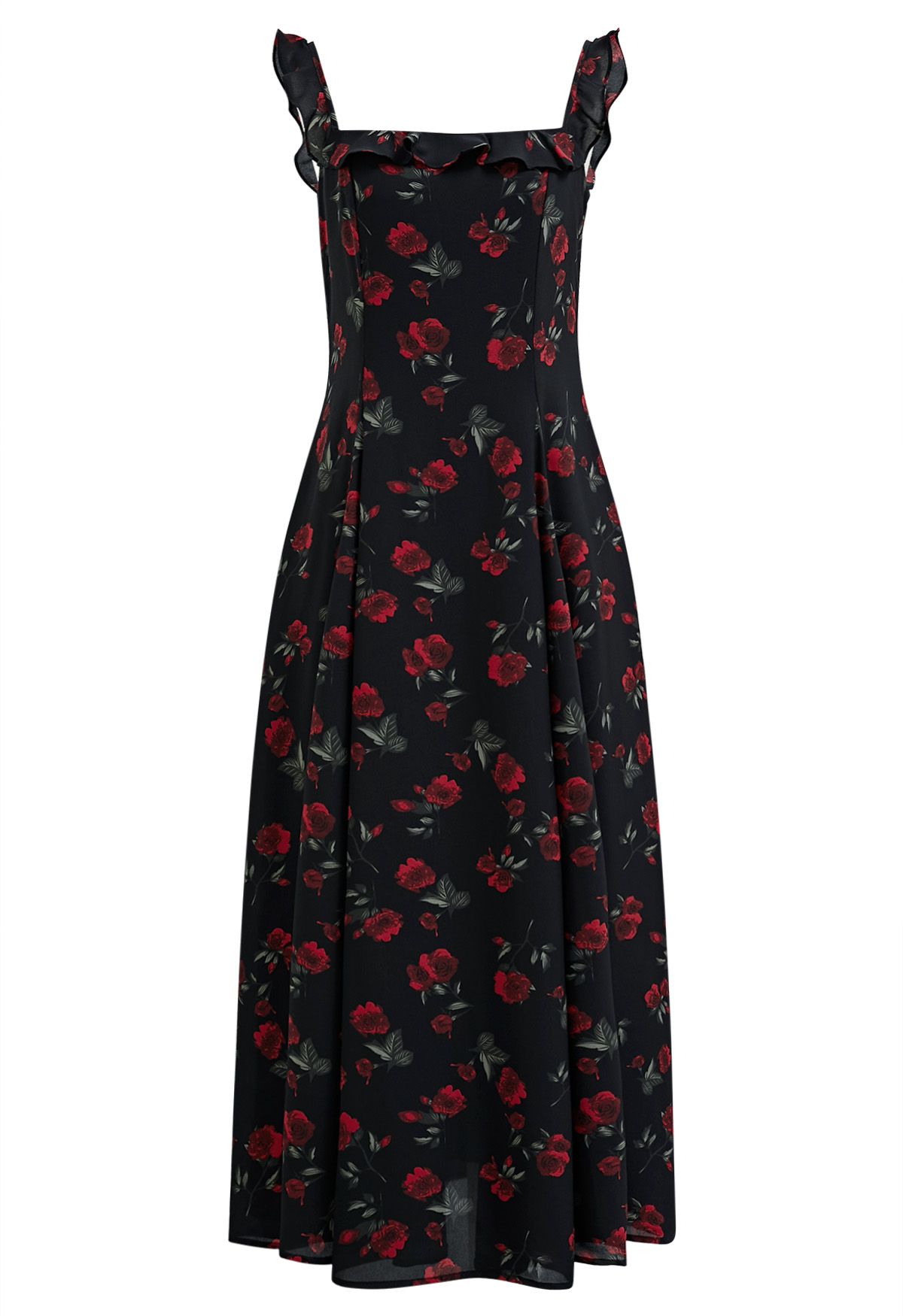Camisole-Kleid mit Rüschen in Schwarz „Watercolor Rose“