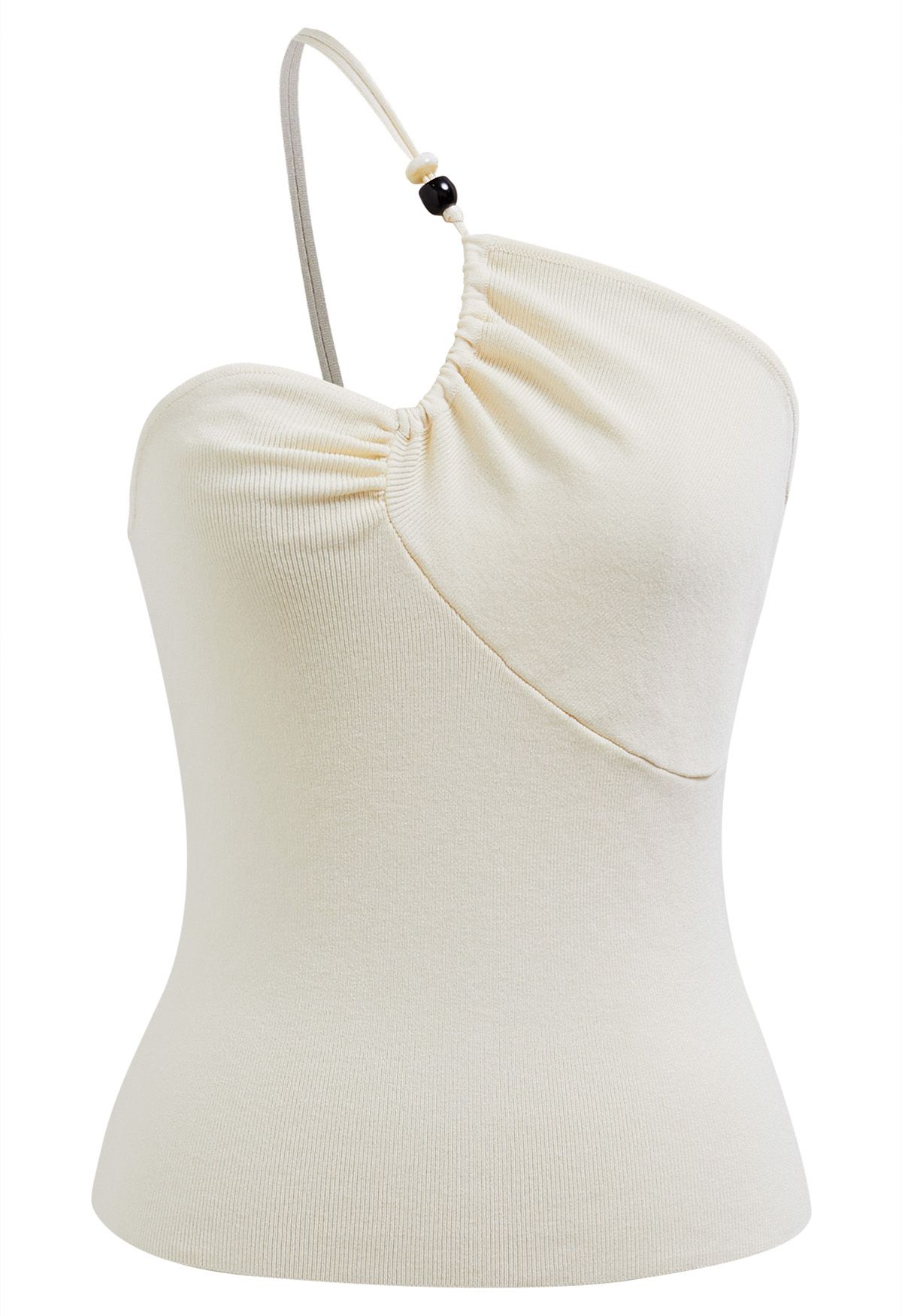 Perlenbesetztes One-Shoulder-Stricktop in Creme