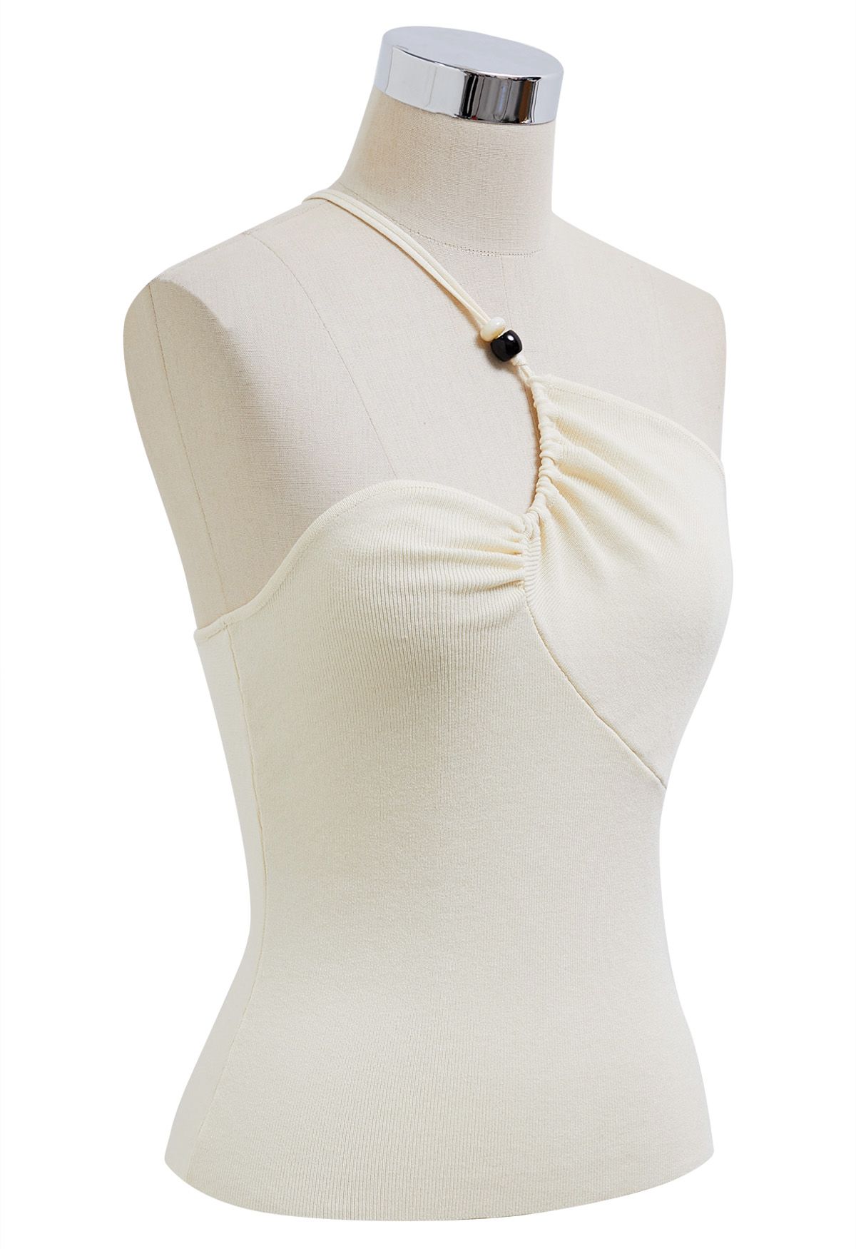 Perlenbesetztes One-Shoulder-Stricktop in Creme