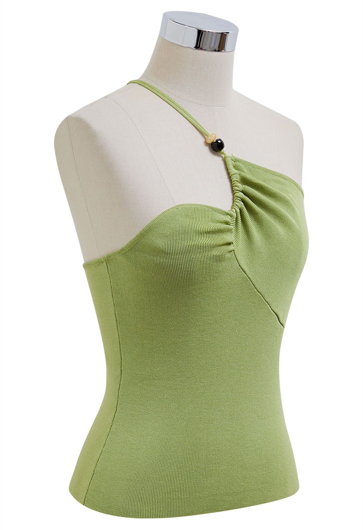 Perlenbesetztes One-Shoulder-Stricktop in Grün