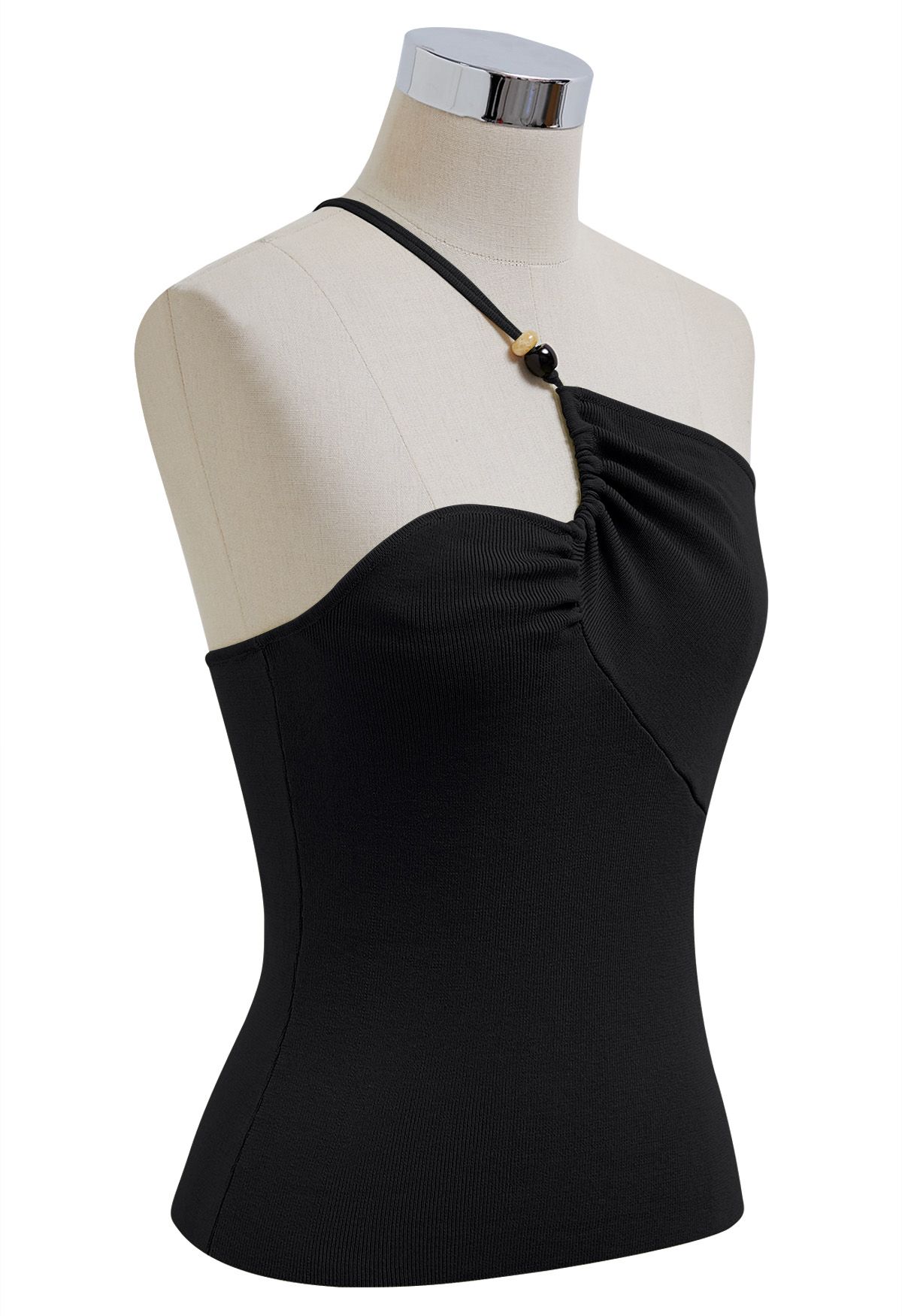 Perlenbesetztes One-Shoulder-Stricktop in Schwarz