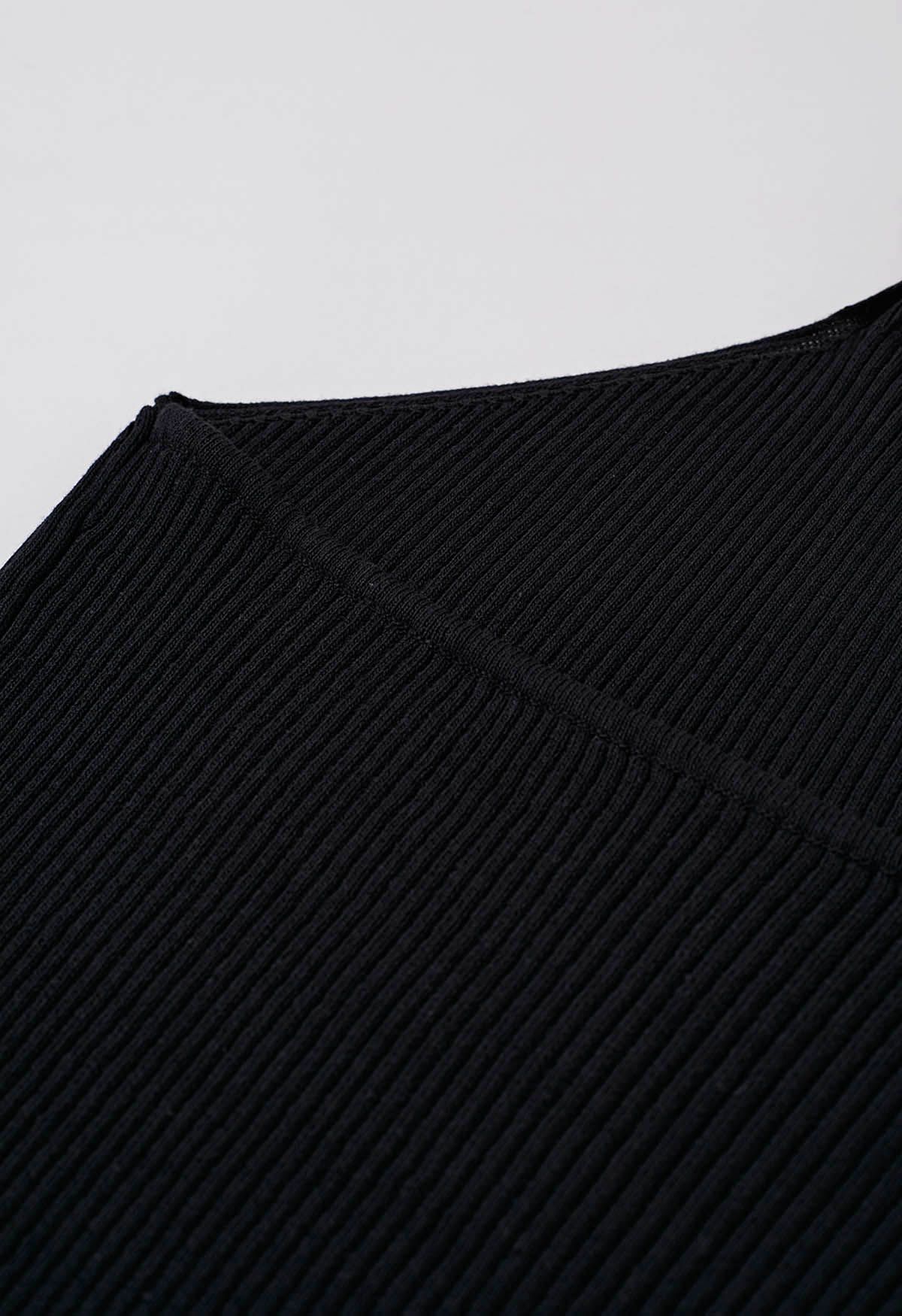 Neckholder-Stricktop mit Holzperlendekor in Schwarz