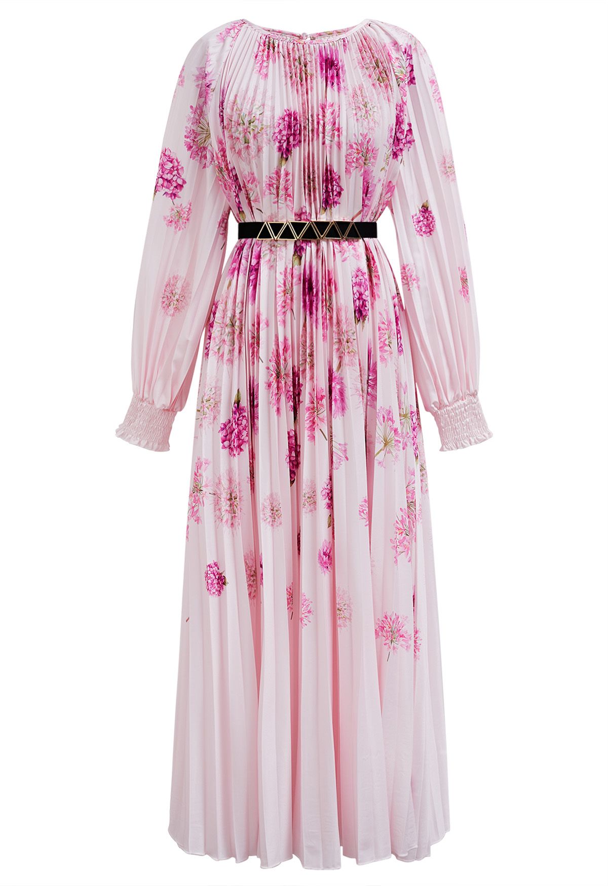 Blossoming Day – Plissiertes Maxikleid mit Aquarellmuster in Rosa