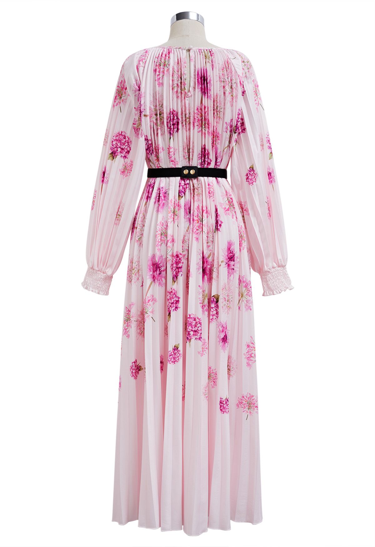 Blossoming Day – Plissiertes Maxikleid mit Aquarellmuster in Rosa