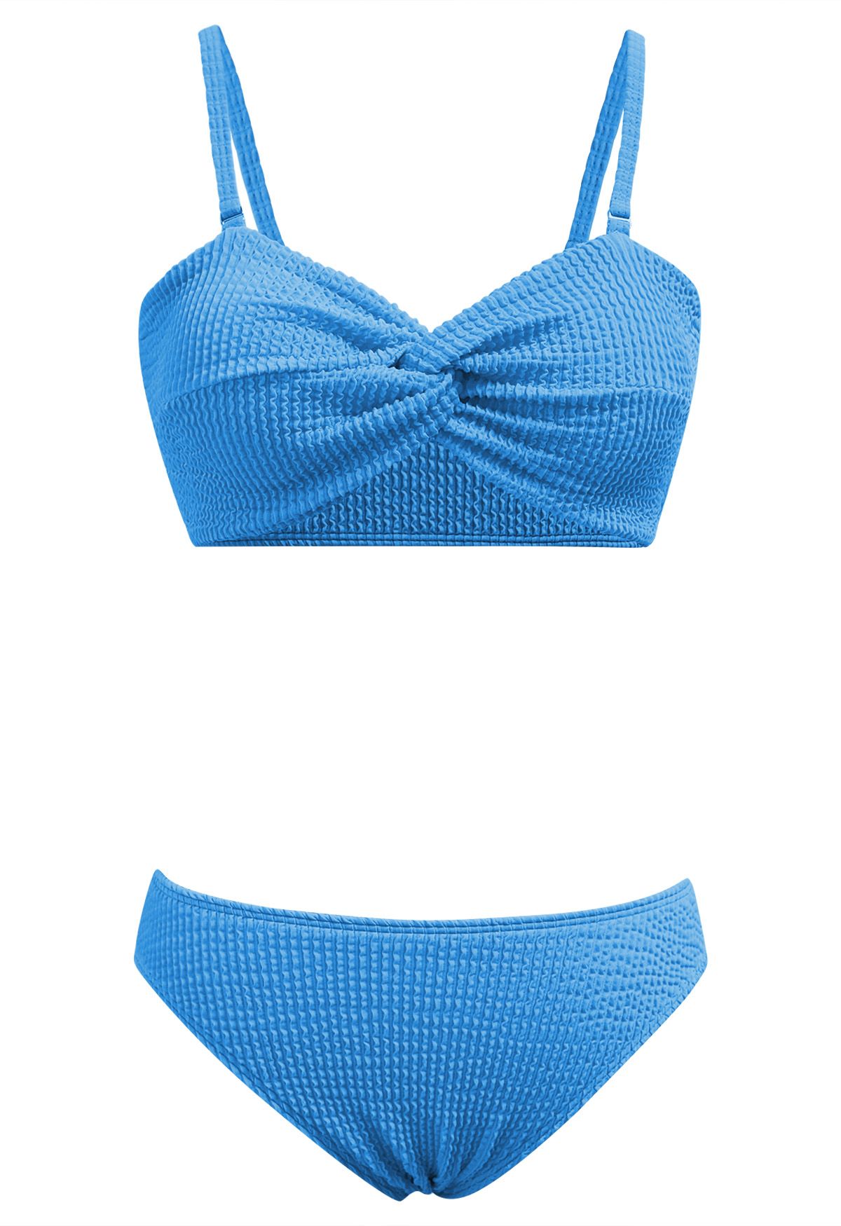 Dreiteiliges Bikini-Set mit gewellter Textur und Twist in Blau