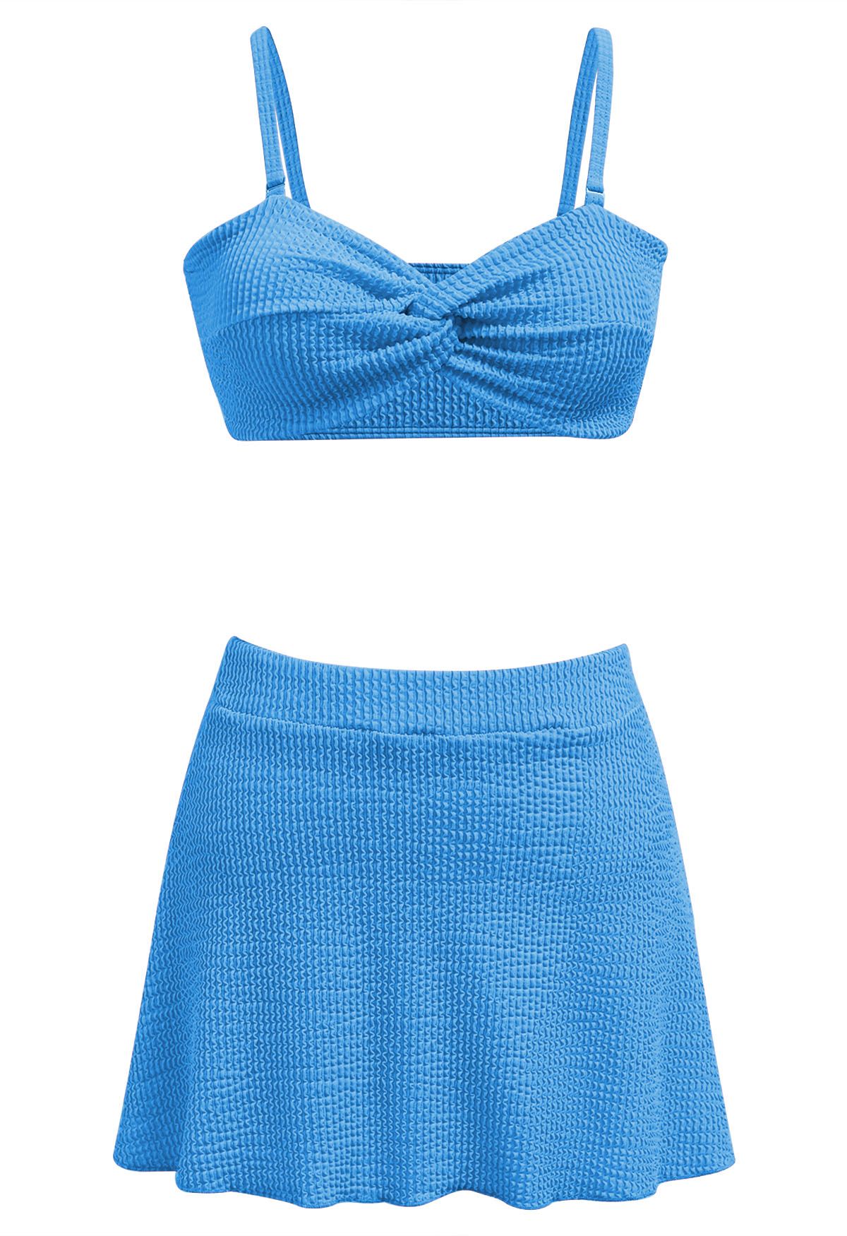 Dreiteiliges Bikini-Set mit gewellter Textur und Twist in Blau