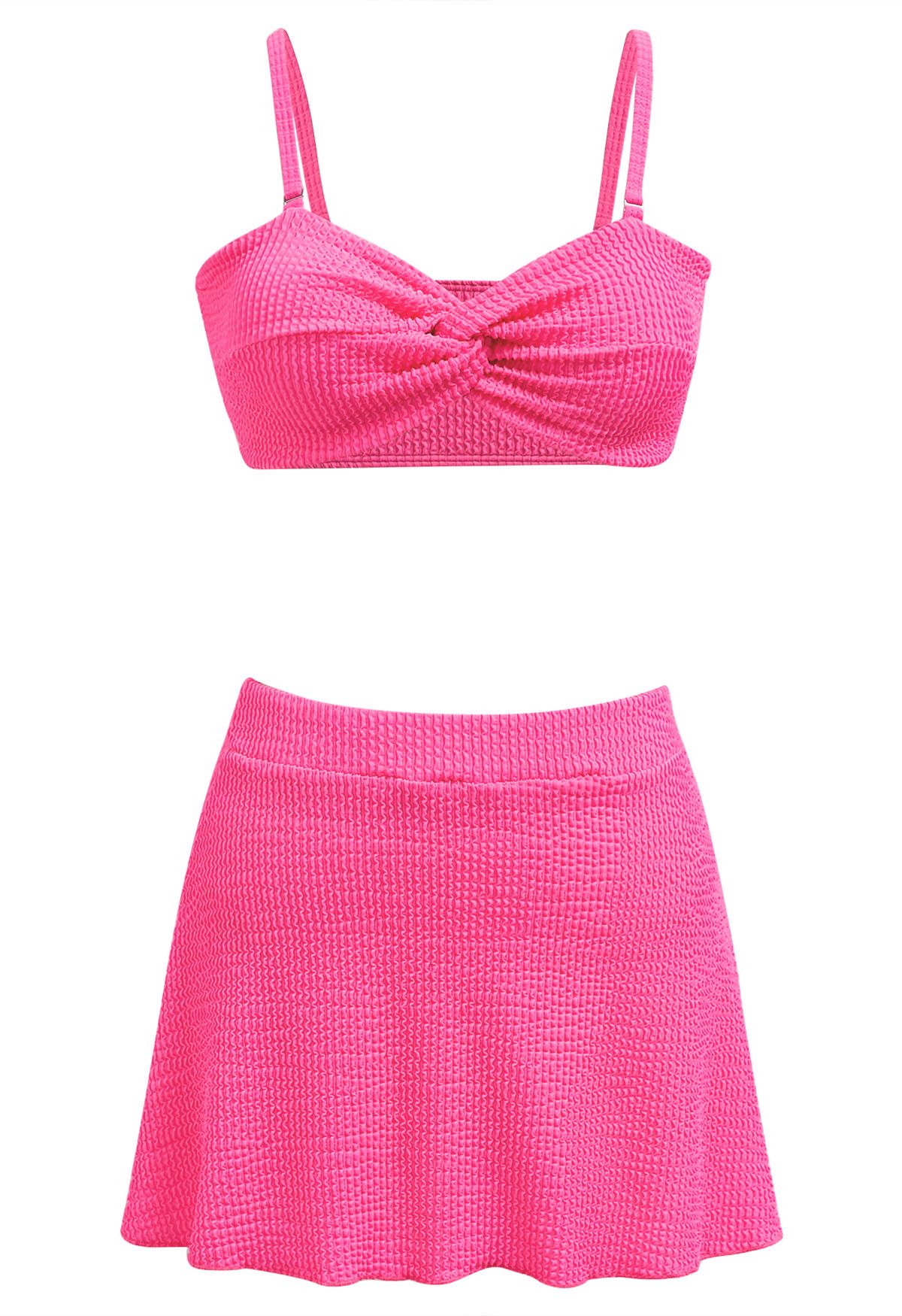 Dreiteiliges Bikini-Set mit gewellter Textur und Twist in Pink