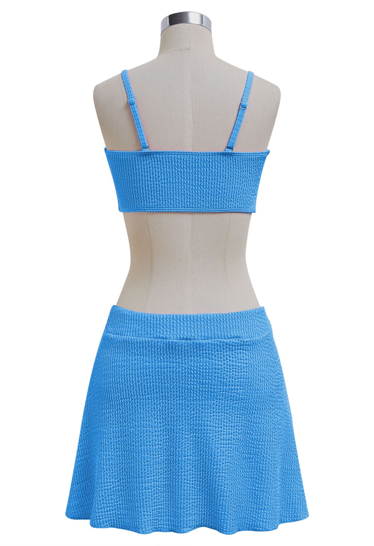 Dreiteiliges Bikini-Set mit gewellter Textur und Twist in Blau