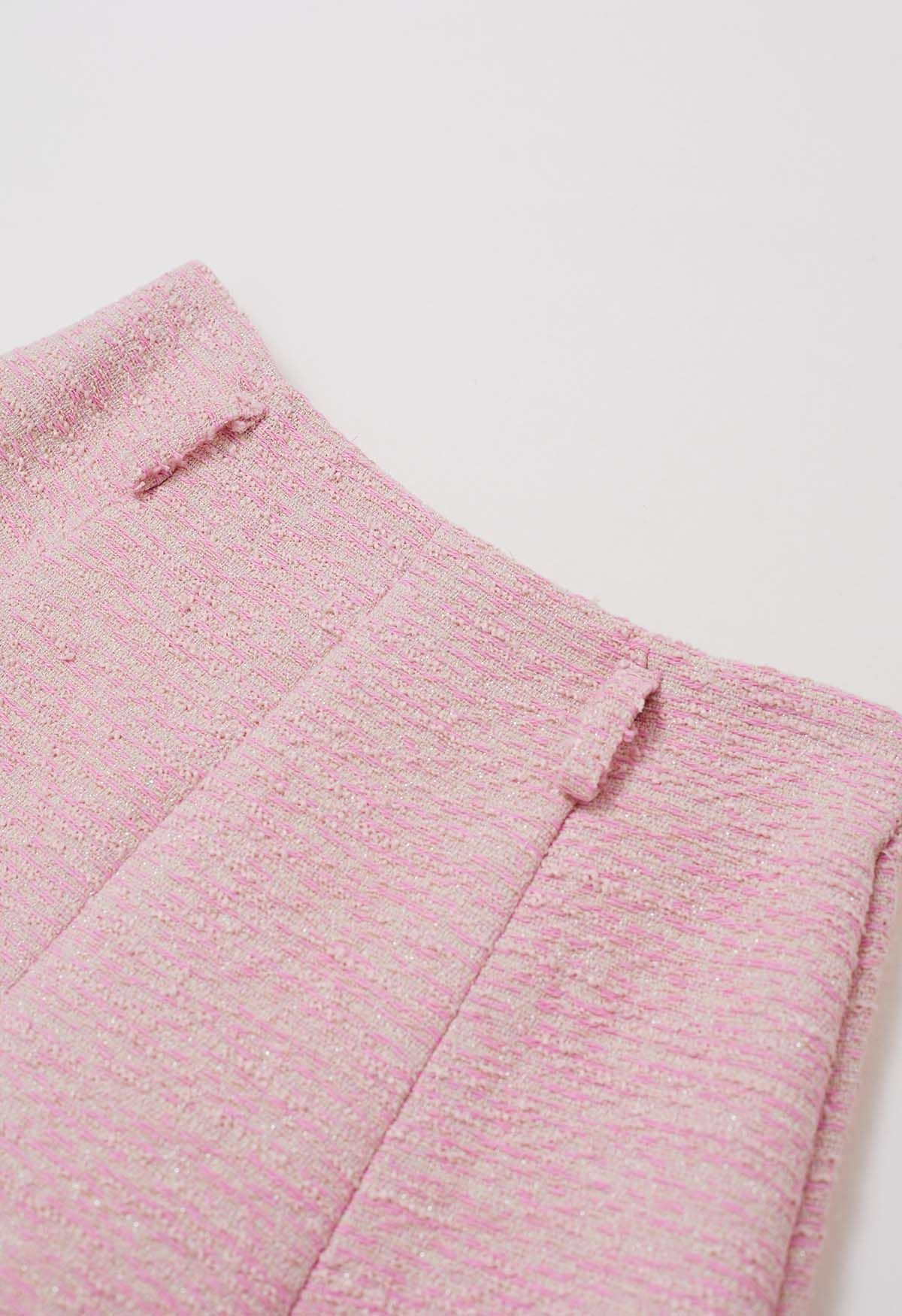 Schimmernder A-Linien-Midirock aus Tweed mit Gürtel in Pink