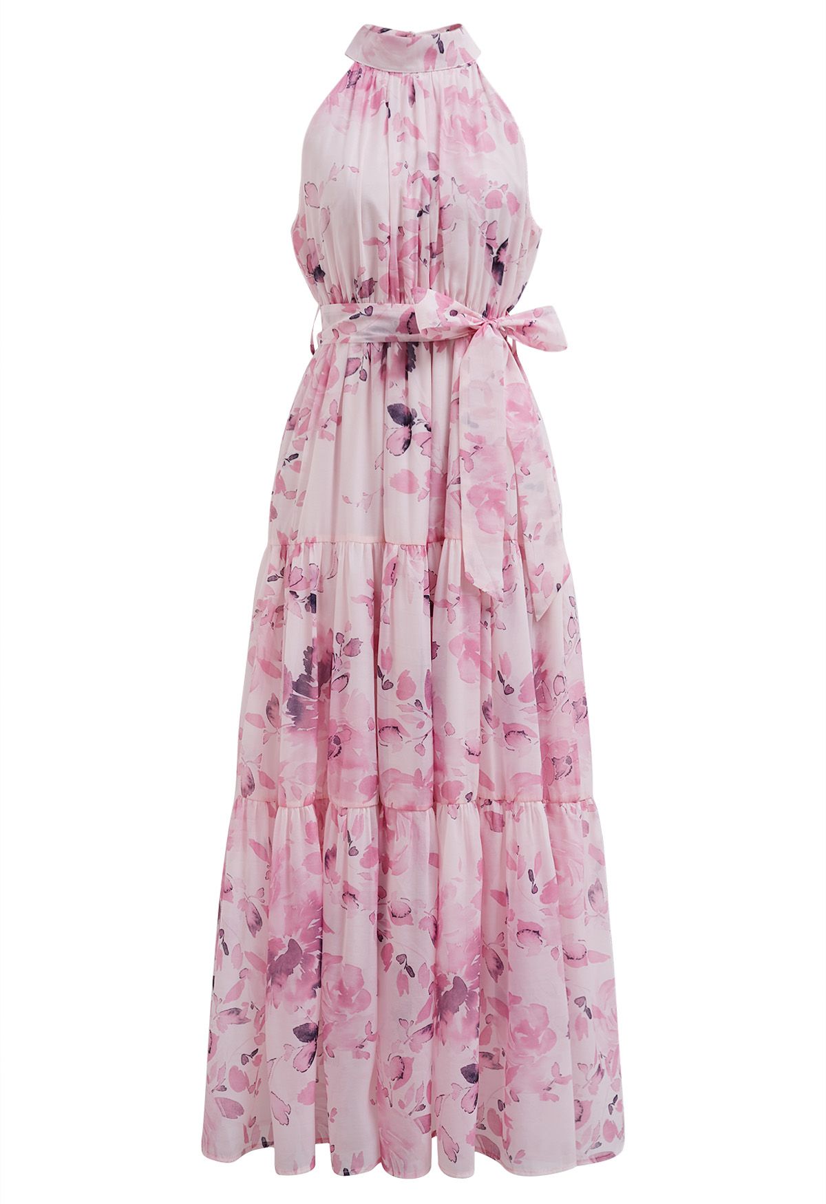 Neckholder-Maxikleid mit Blumenmuster und Bindegürtel in der Taille – Rosa