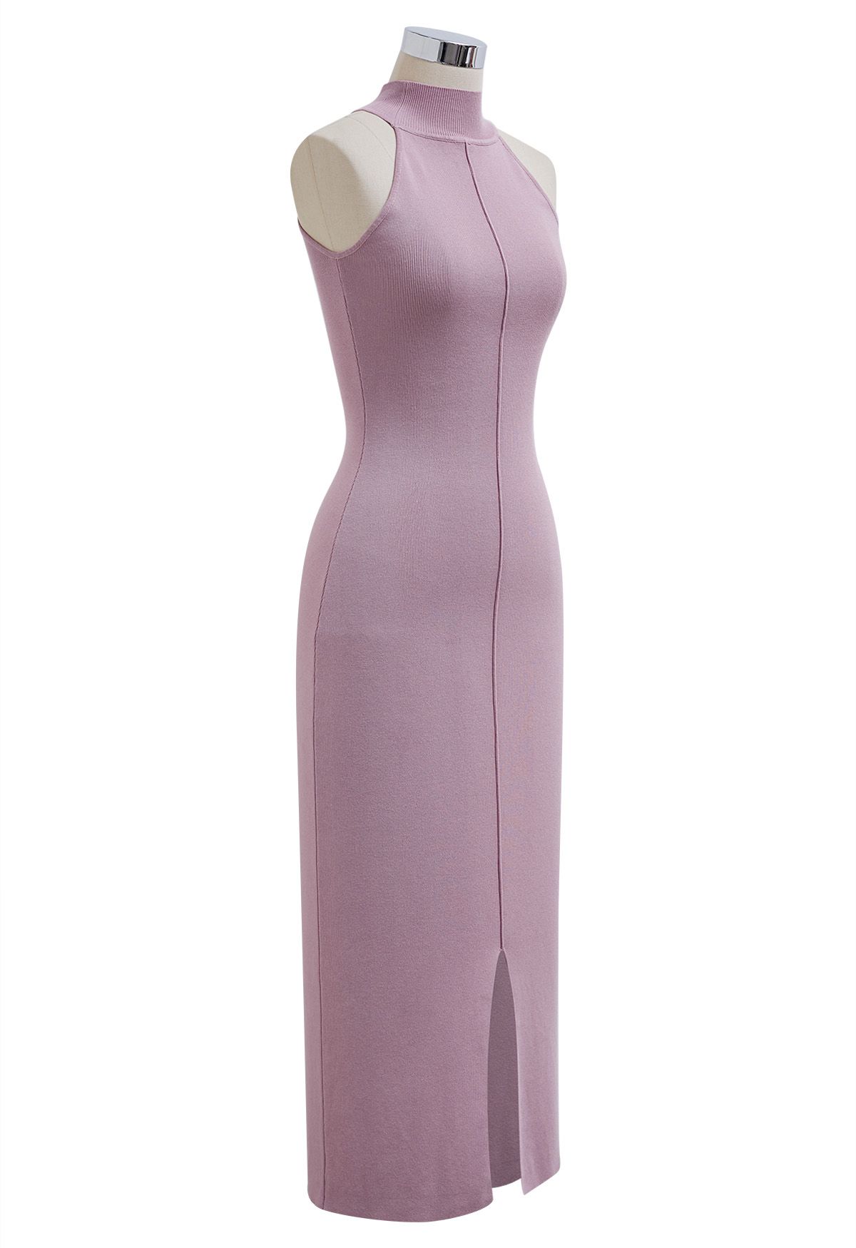 Figurbetontes Neckholder-Strickkleid mit Nahtdetails in Pink