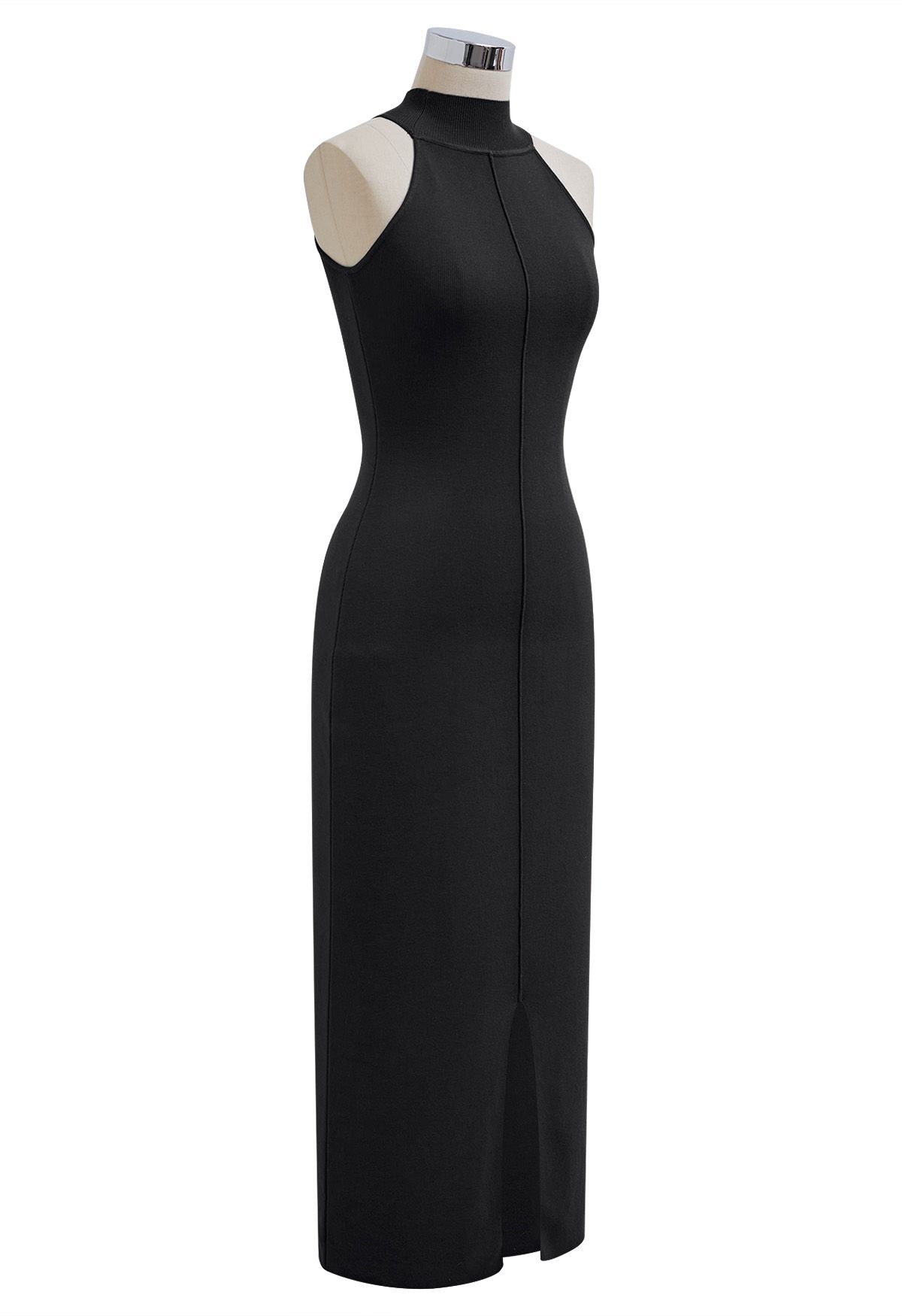 Figurbetontes Neckholder-Strickkleid mit Nahtdetails in Schwarz