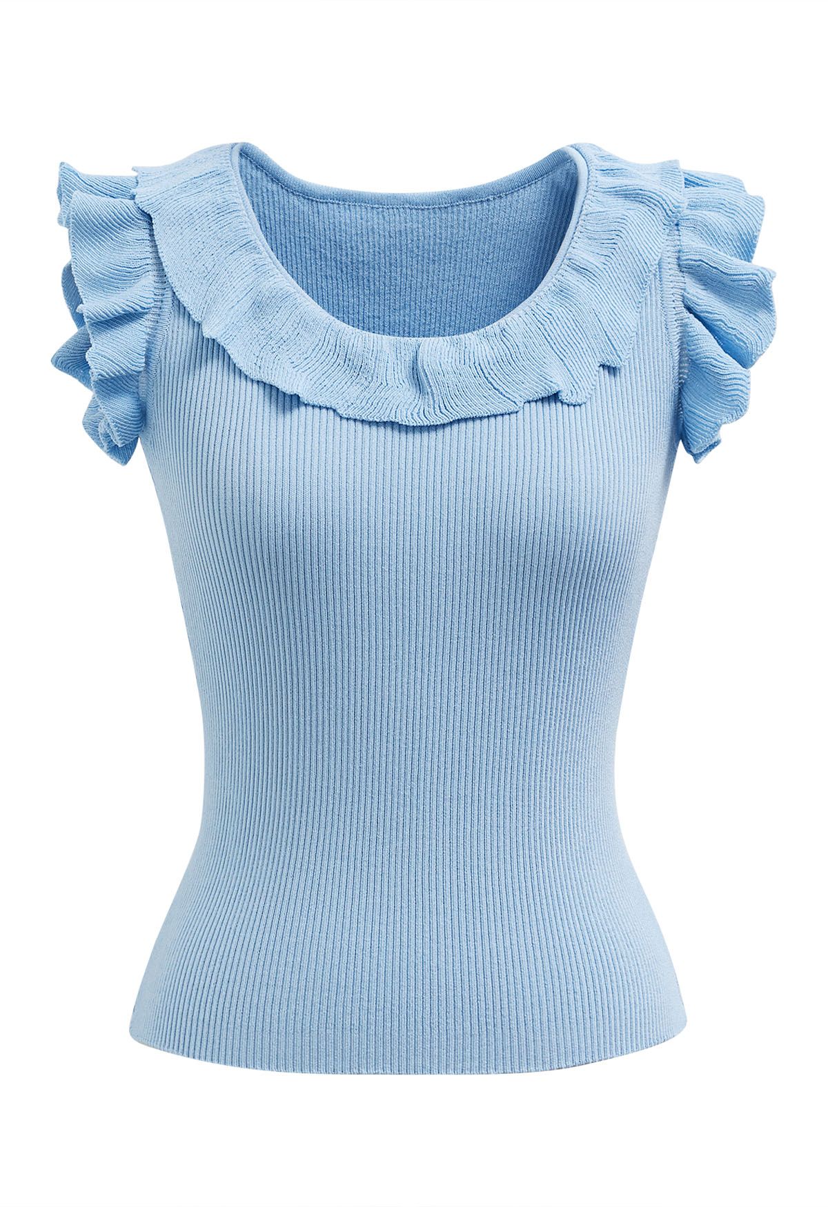 Ethereal – Ärmelloses Stricktop mit Rüschen in Blau